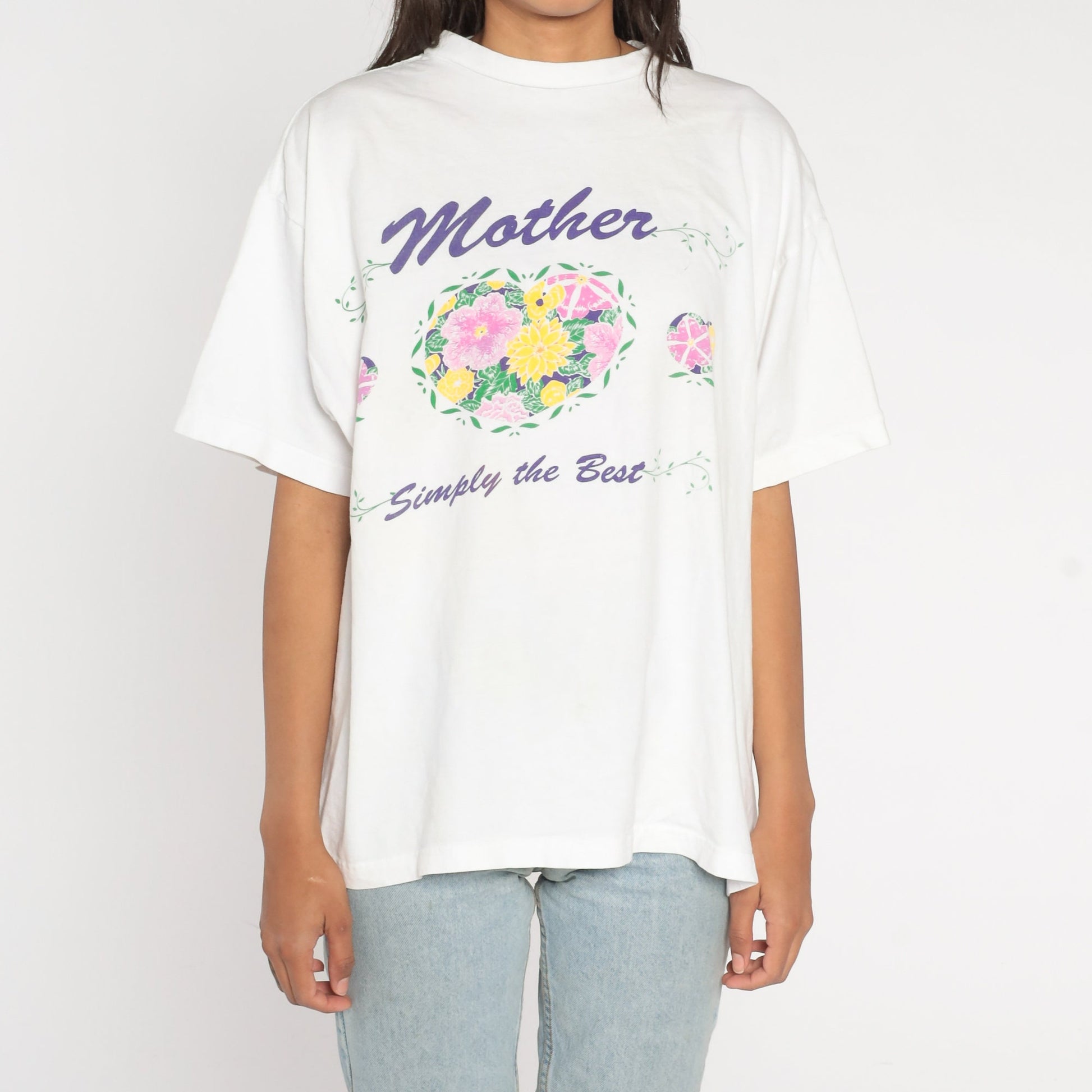 90s Mother Simply The Best Graphic T-Shirt Floral Print White Cotton Extra Large