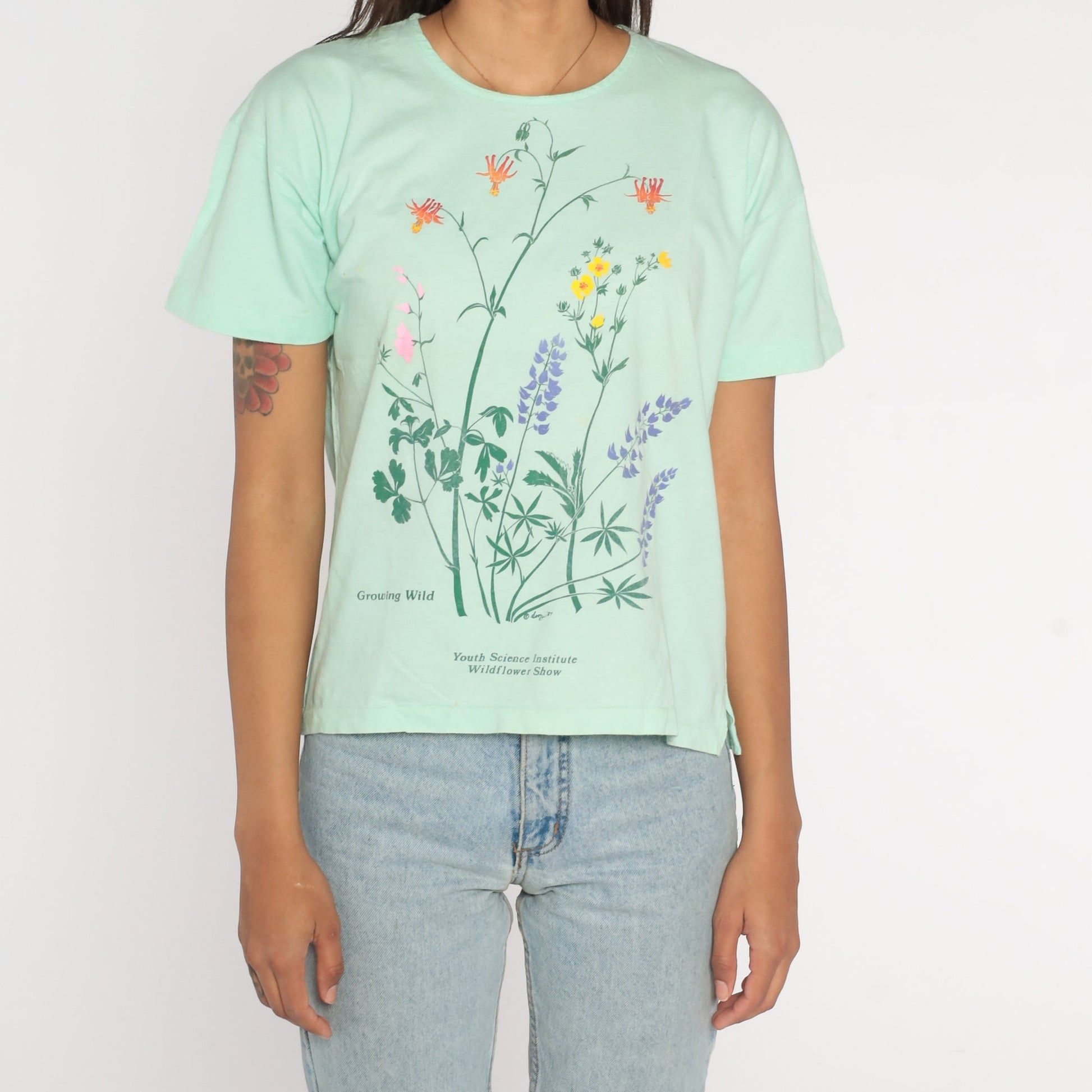 90s Youth Science Institute Wildflower Graphic T-Shirt Green Single Stitch Medium