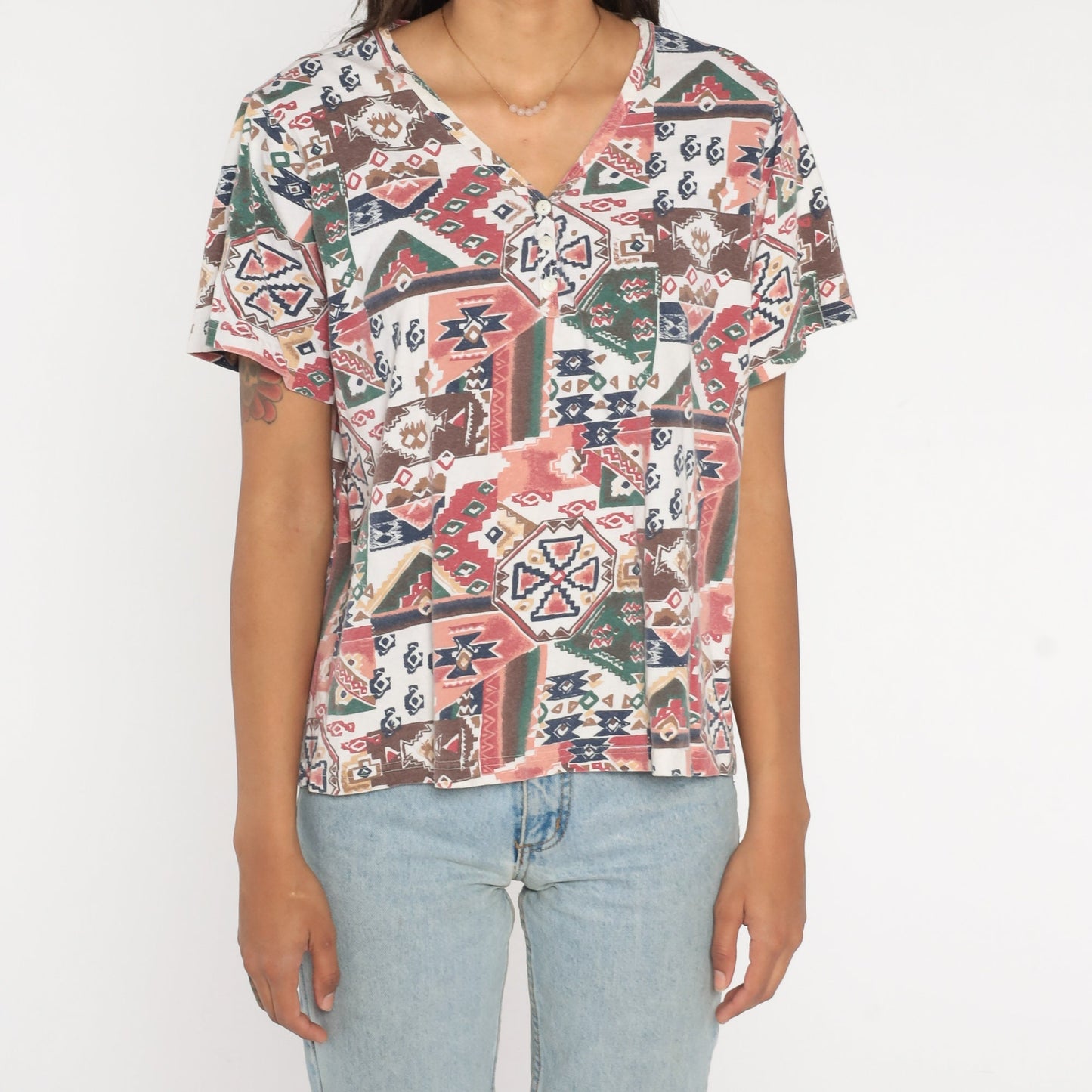 90s Southwestern Aztec Henley T-Shirt Geometric Print Pink Brown Red Large L