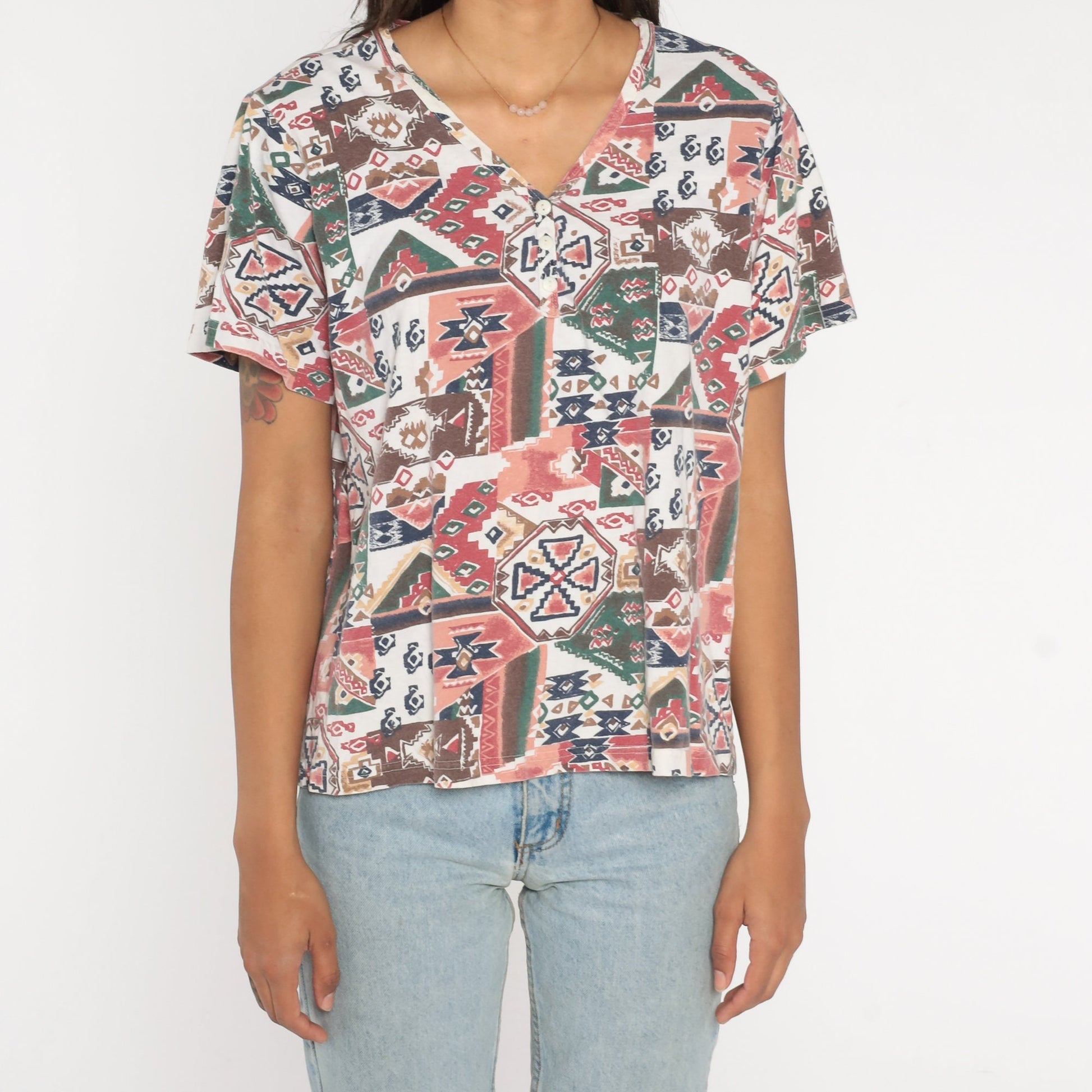 90s Southwestern Aztec Henley T-Shirt Geometric Print Pink Brown Red Large L