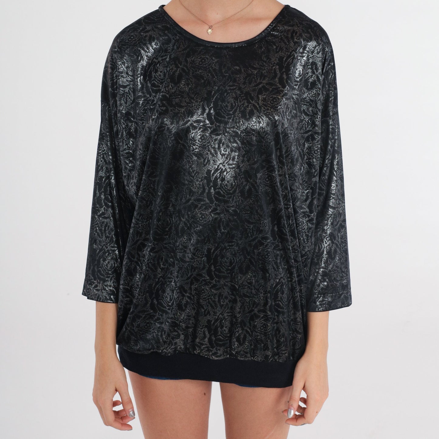 80s Black Velvet Floral Metallic Blouse Silver 3/4 Sleeve Large