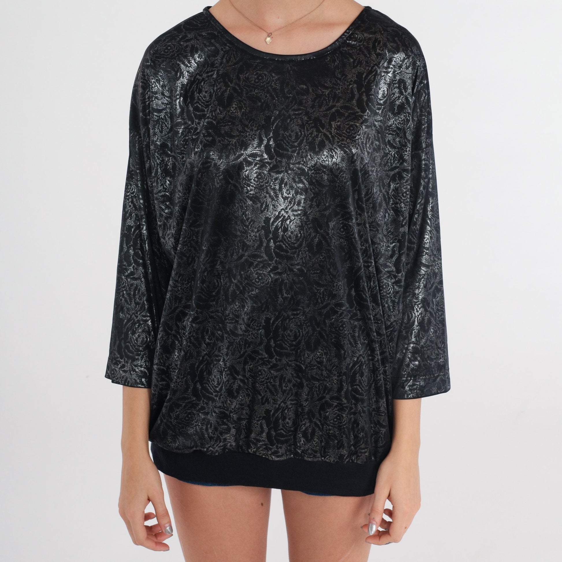 80s Black Velvet Floral Metallic Blouse Silver 3/4 Sleeve Large