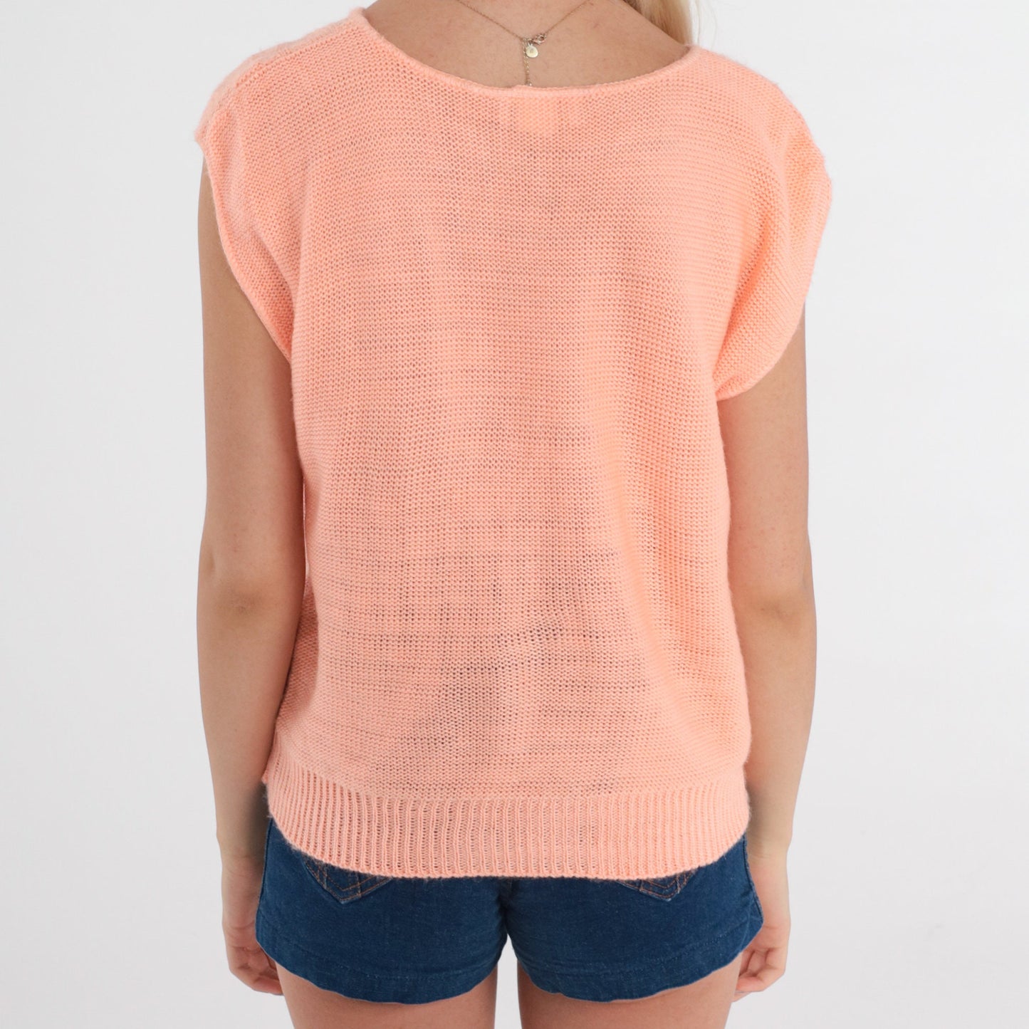 80s Peach Cable Knit Sweater Cap Sleeve Top Small