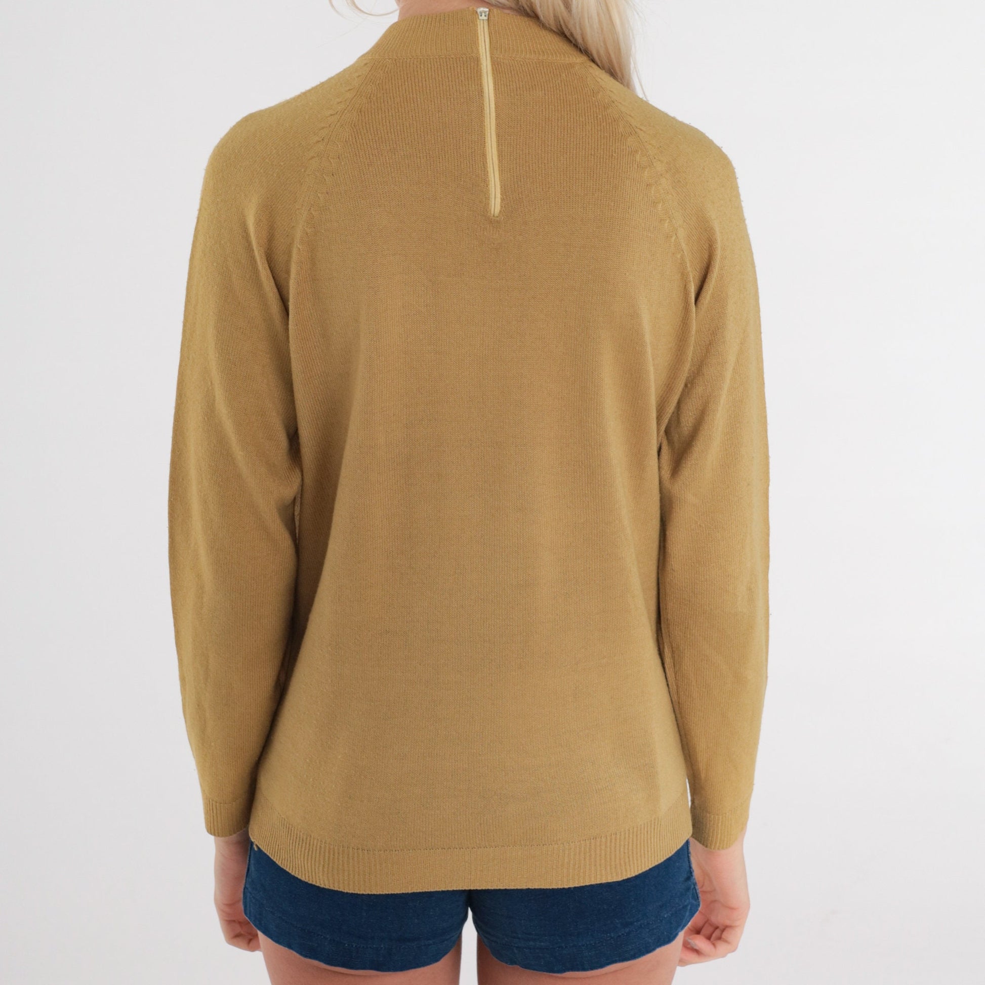 70s Dark Mustard Yellow Knit Sweater Mock Neck Raglan Pullover Medium