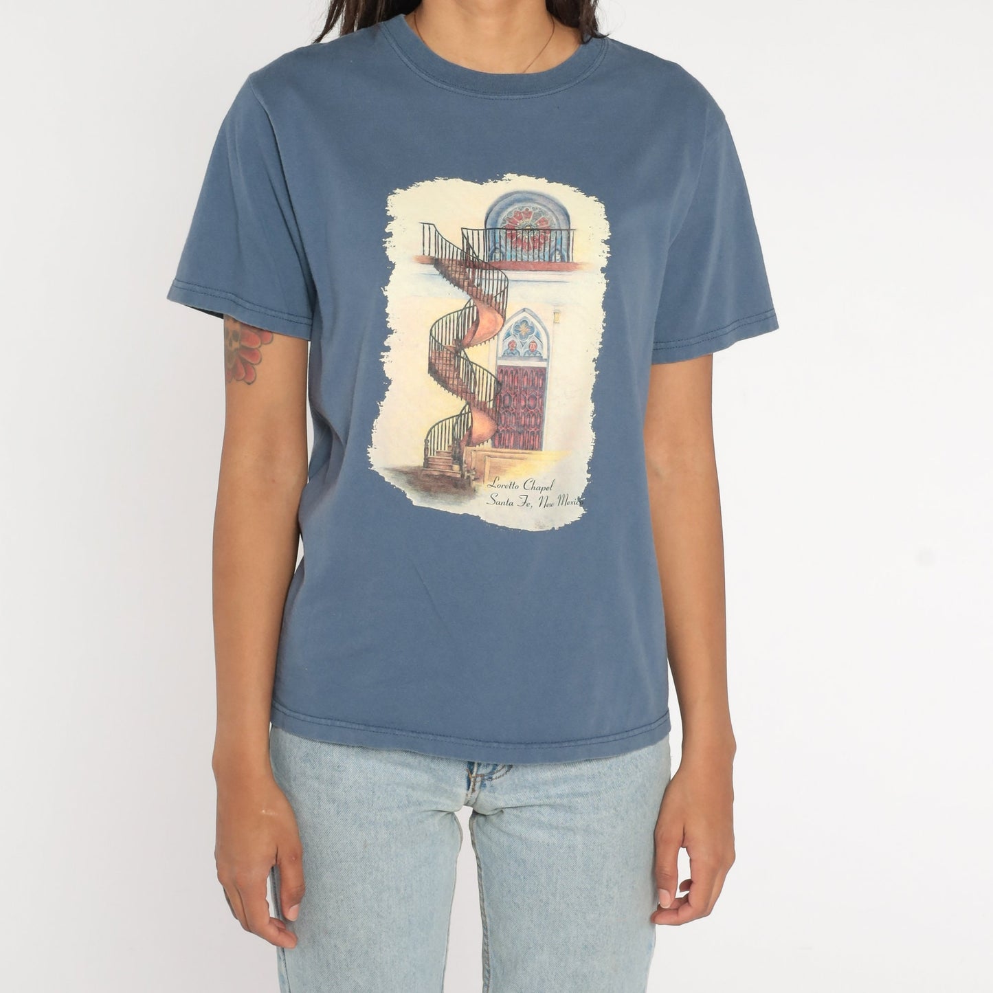 90s Loretto Chapel Santa Fe New Mexico Graphic T-Shirt Blue Small