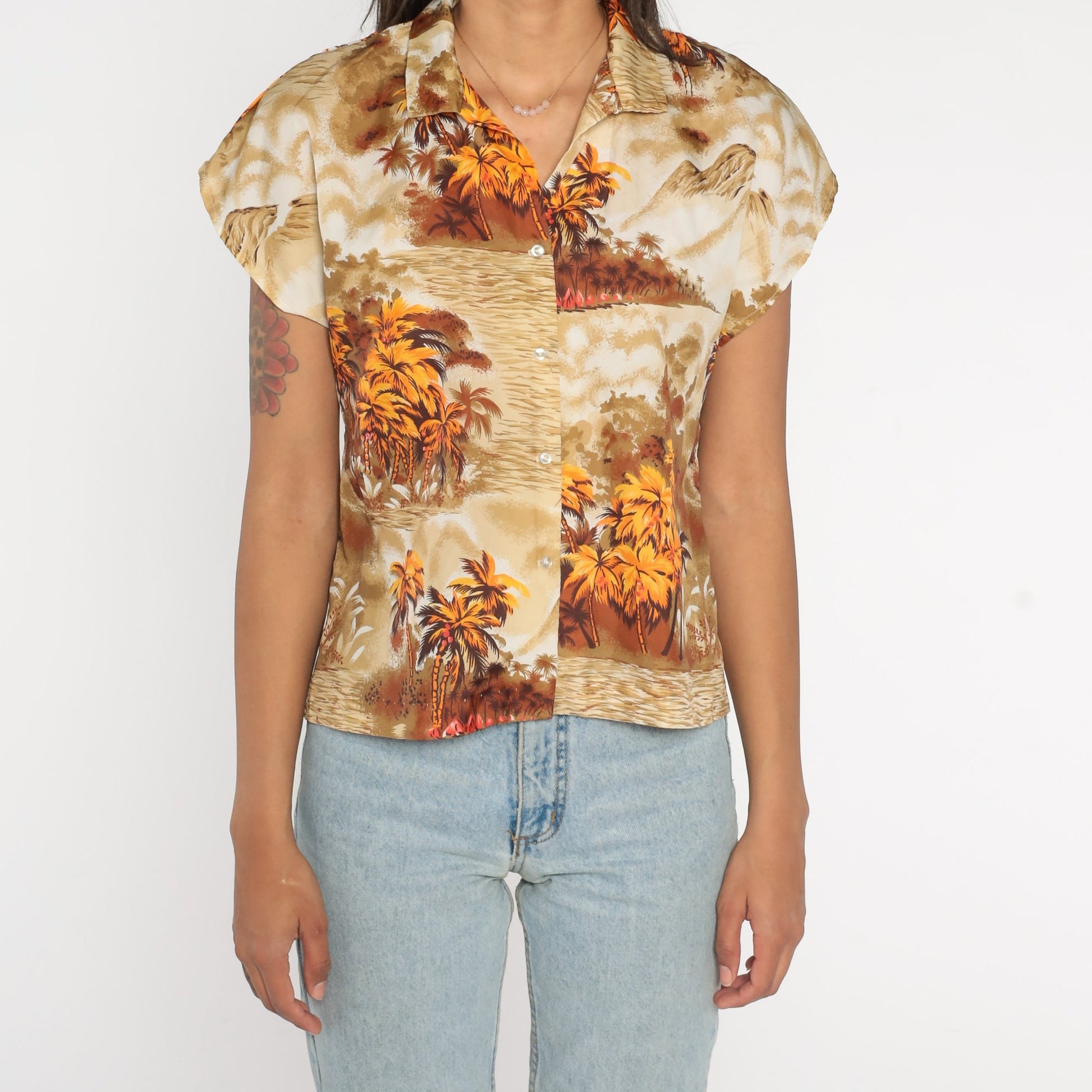 70s Hawaiian Shirt Palm Tree Mountain Print Brown Yellow Cap Sleeve Small