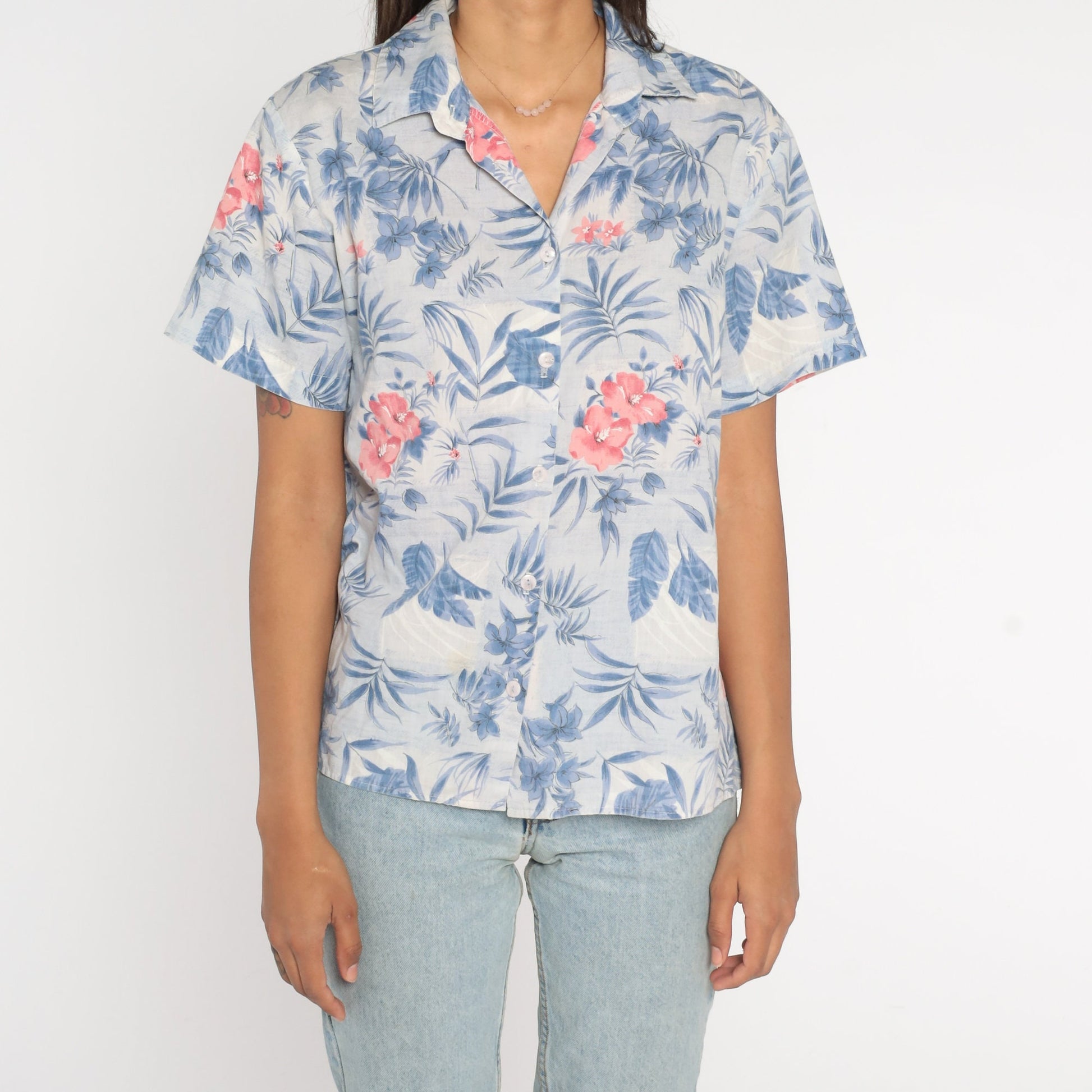 90s Floral Button Up Shirt Blue Pink Short Sleeve Blouse Large