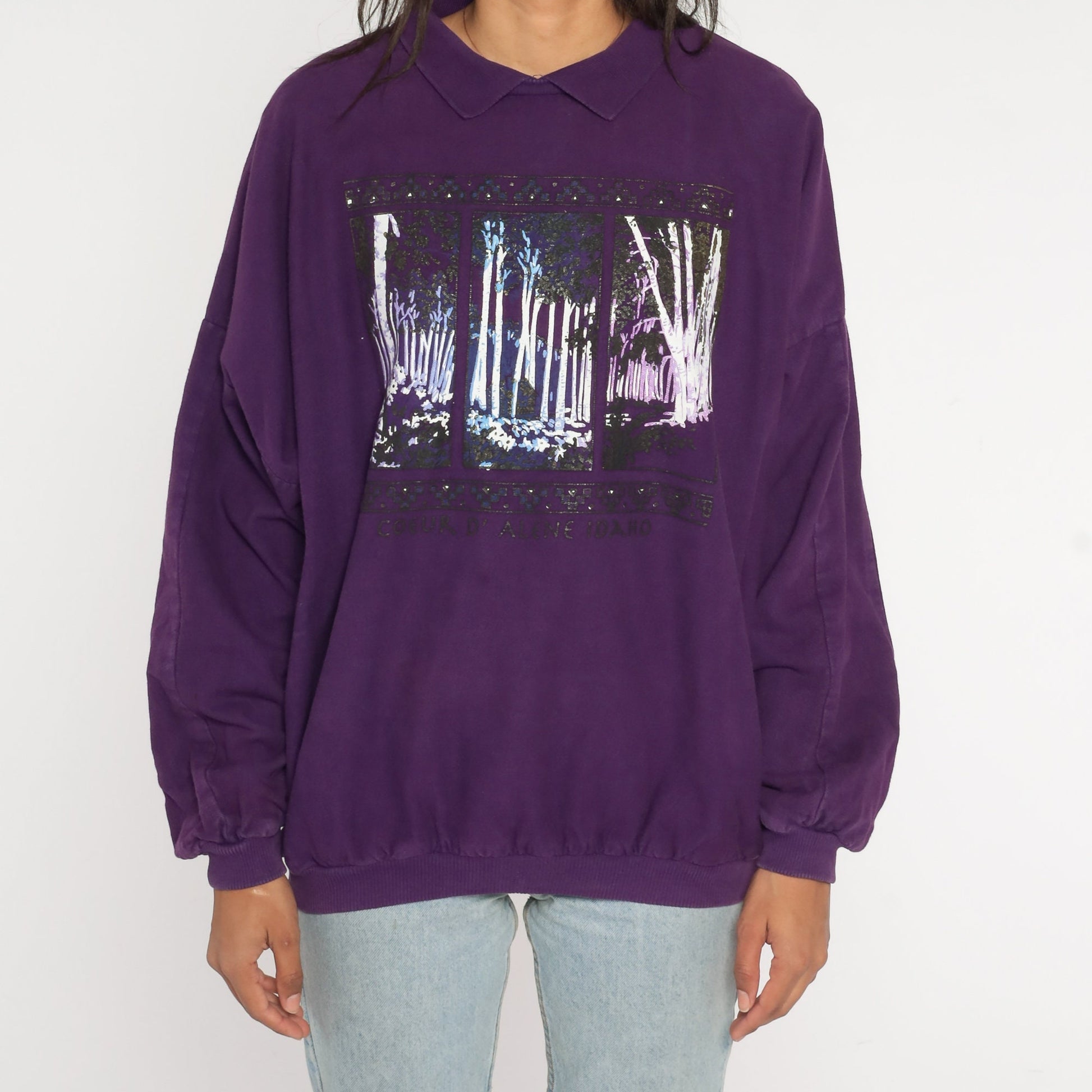 90s Coeur d'Alene Idaho Purple Forest Sweatshirt Graphic Cotton Extra Large