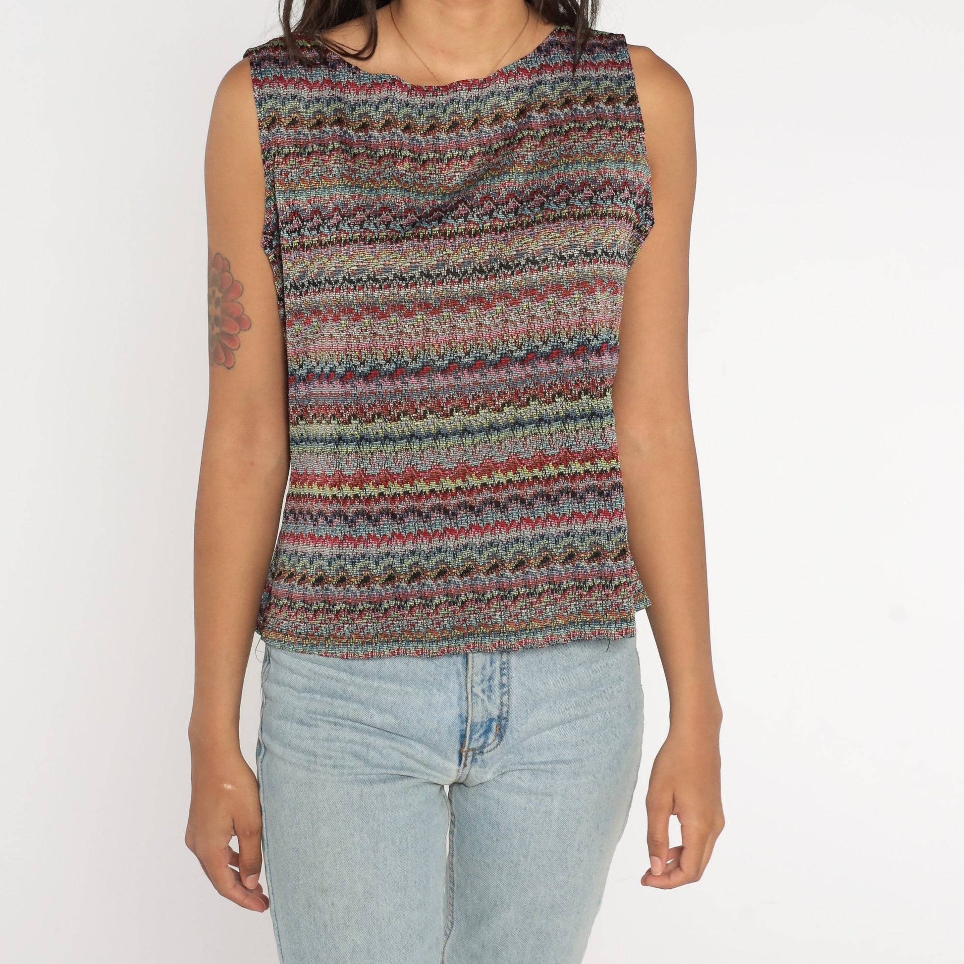 Y2K Striped Rainbow Tank Top Sleeveless Blouse Large