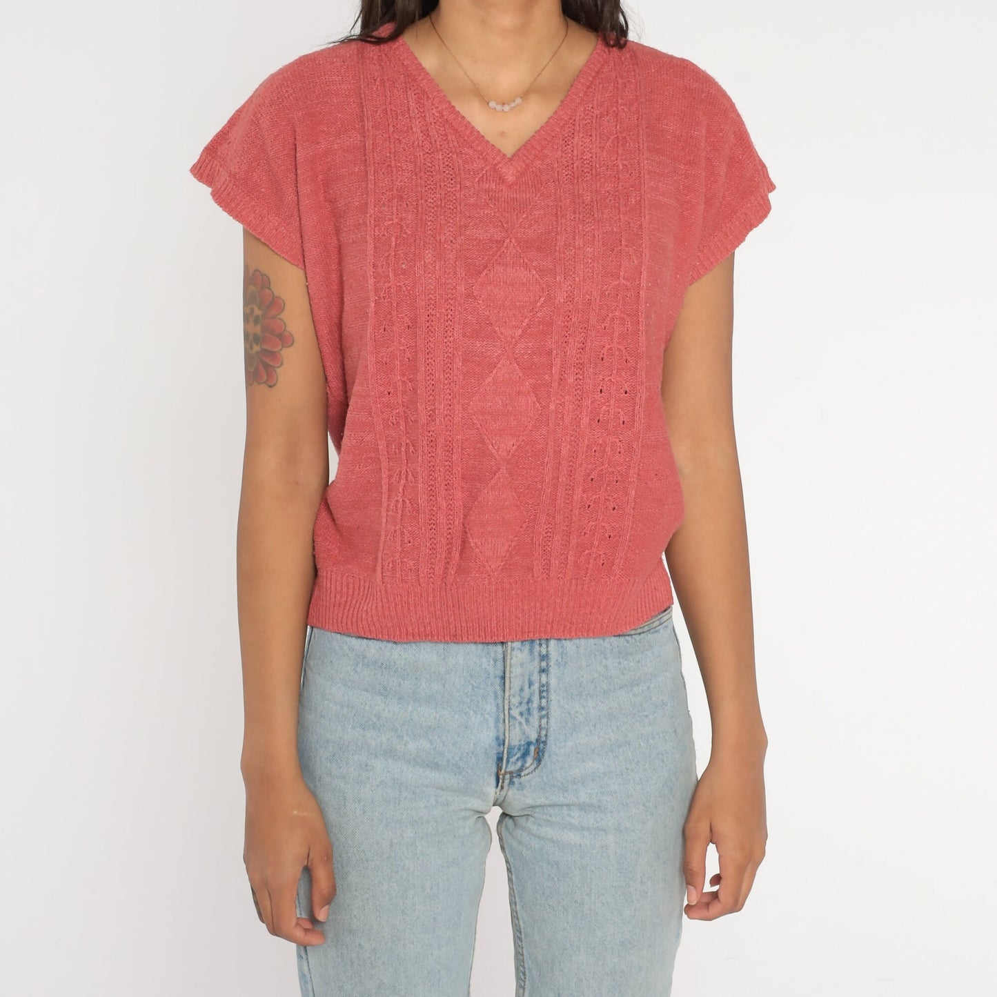 80s Koret Career Coral Cable Knit Sweater V-Neck Cap Sleeve Medium