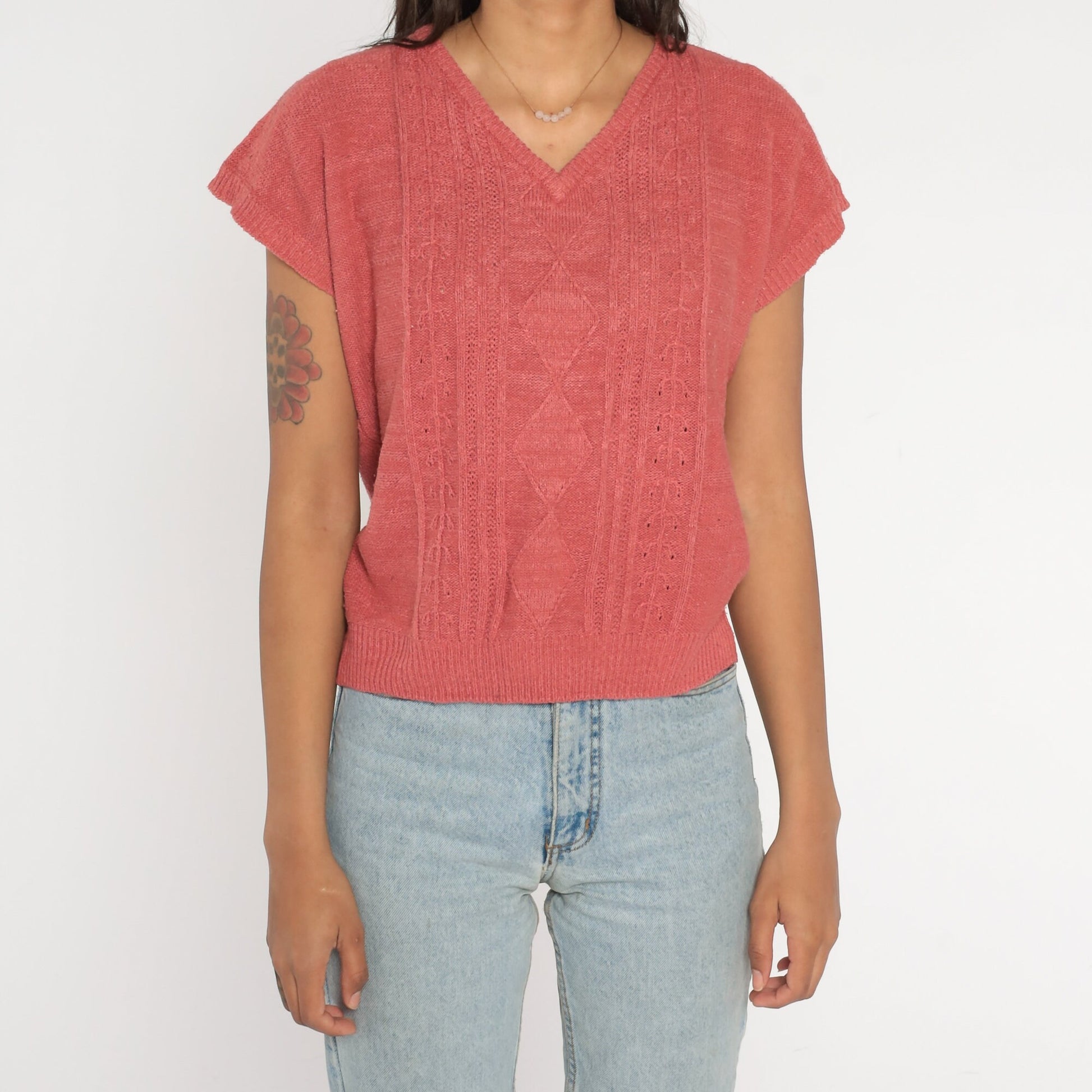 80s Koret Career Coral Cable Knit Sweater V-Neck Cap Sleeve Medium