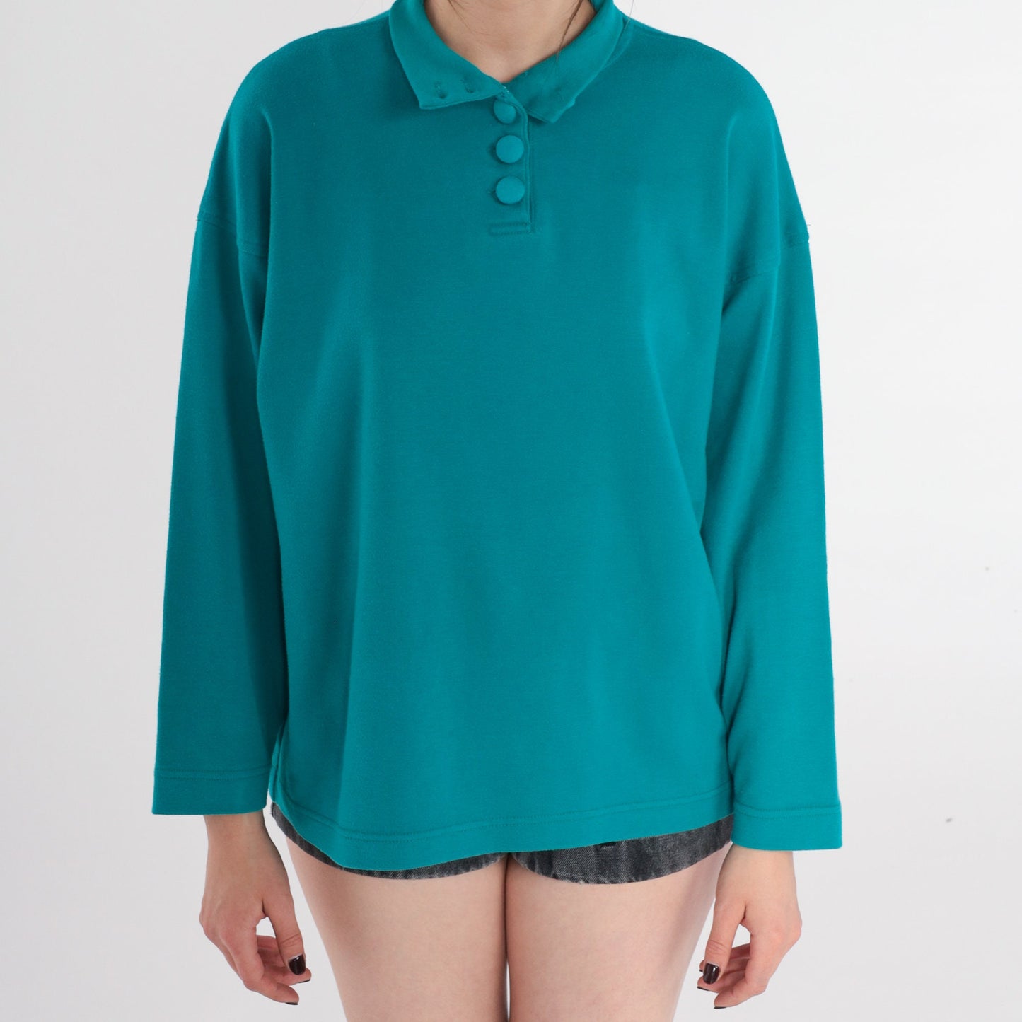 90s Teal Green Collared Long Sleeve Polo Shirt Medium M