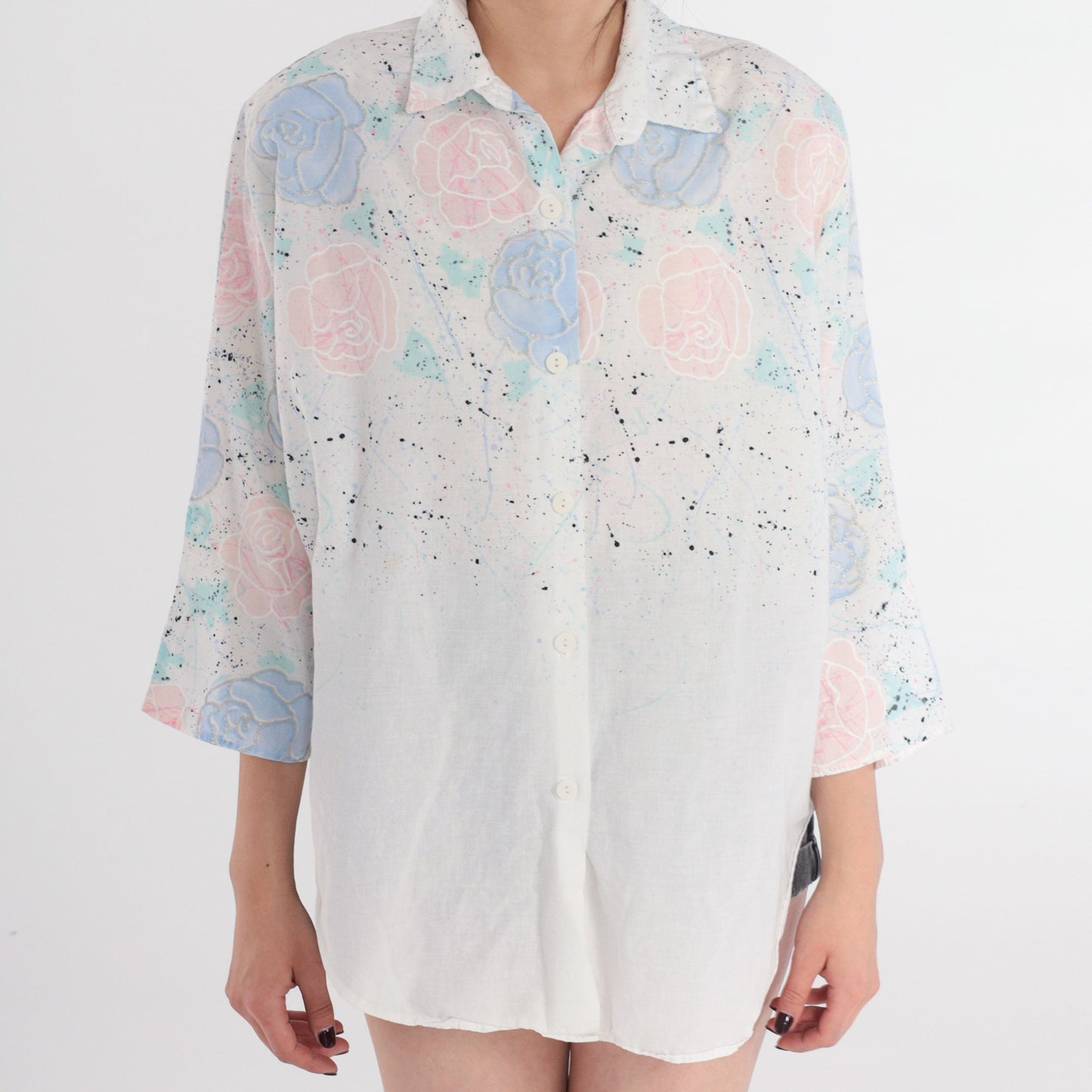 90s Maggie Sweet Floral Button Up Blouse White Glitter Rose Print Large