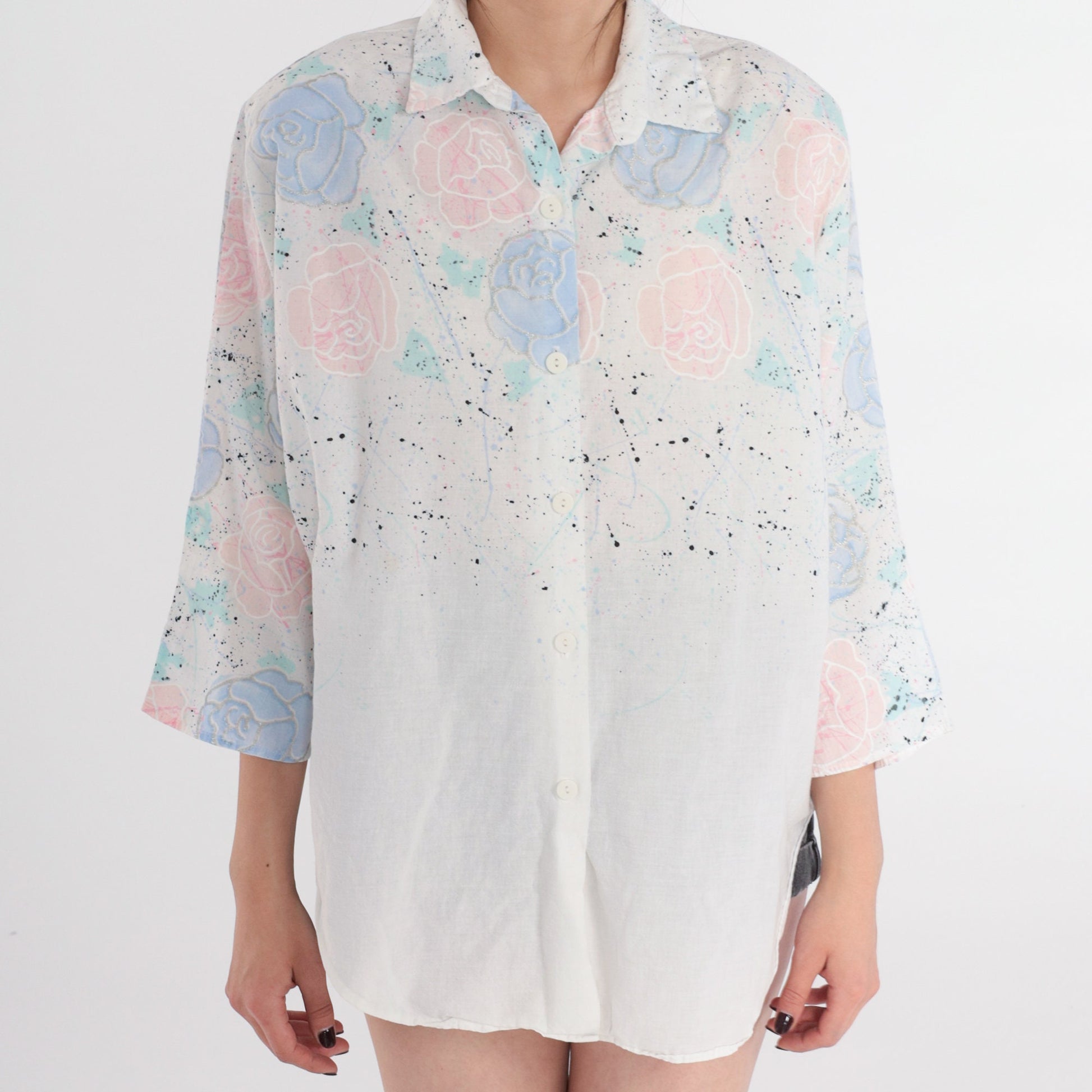 90s Maggie Sweet Floral Button Up Blouse White Glitter Rose Print Large