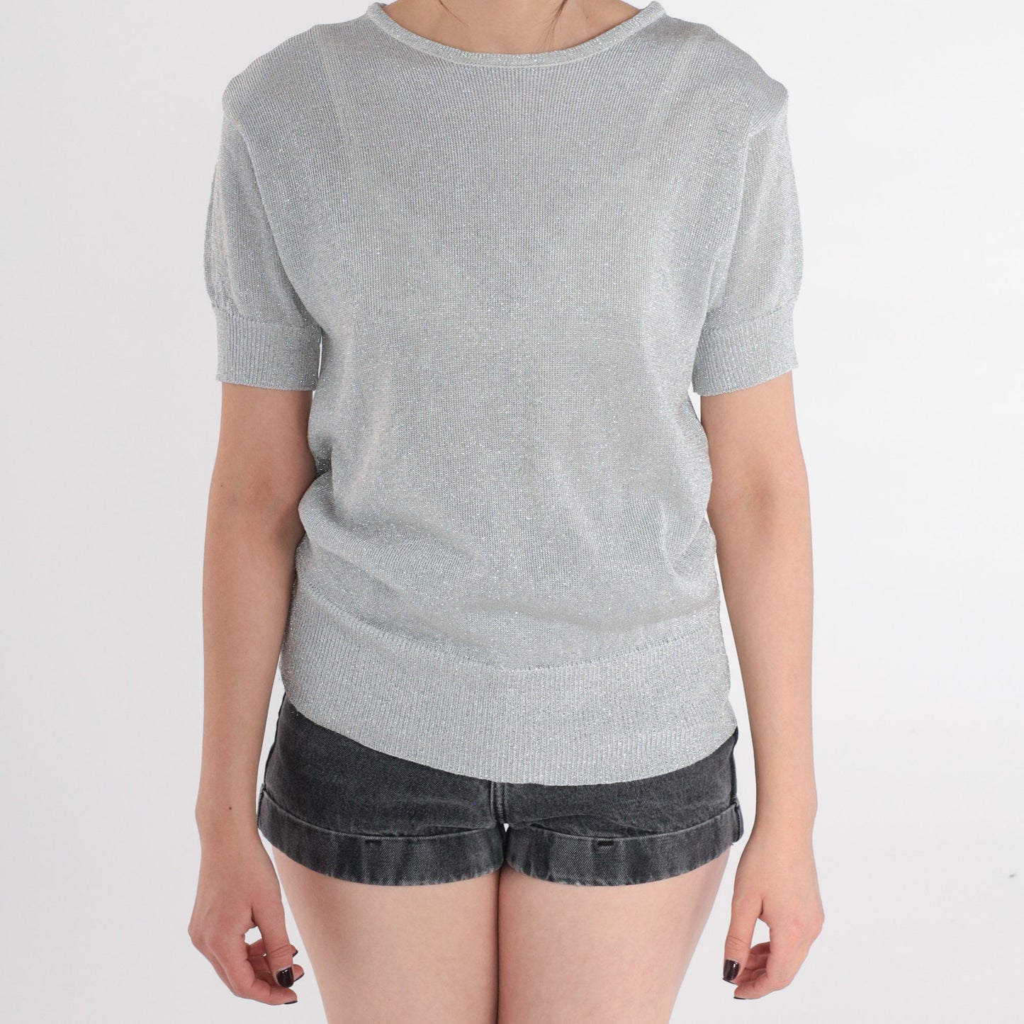 80s Silver Metallic Knit Top Short Sleeve Sweater Small S