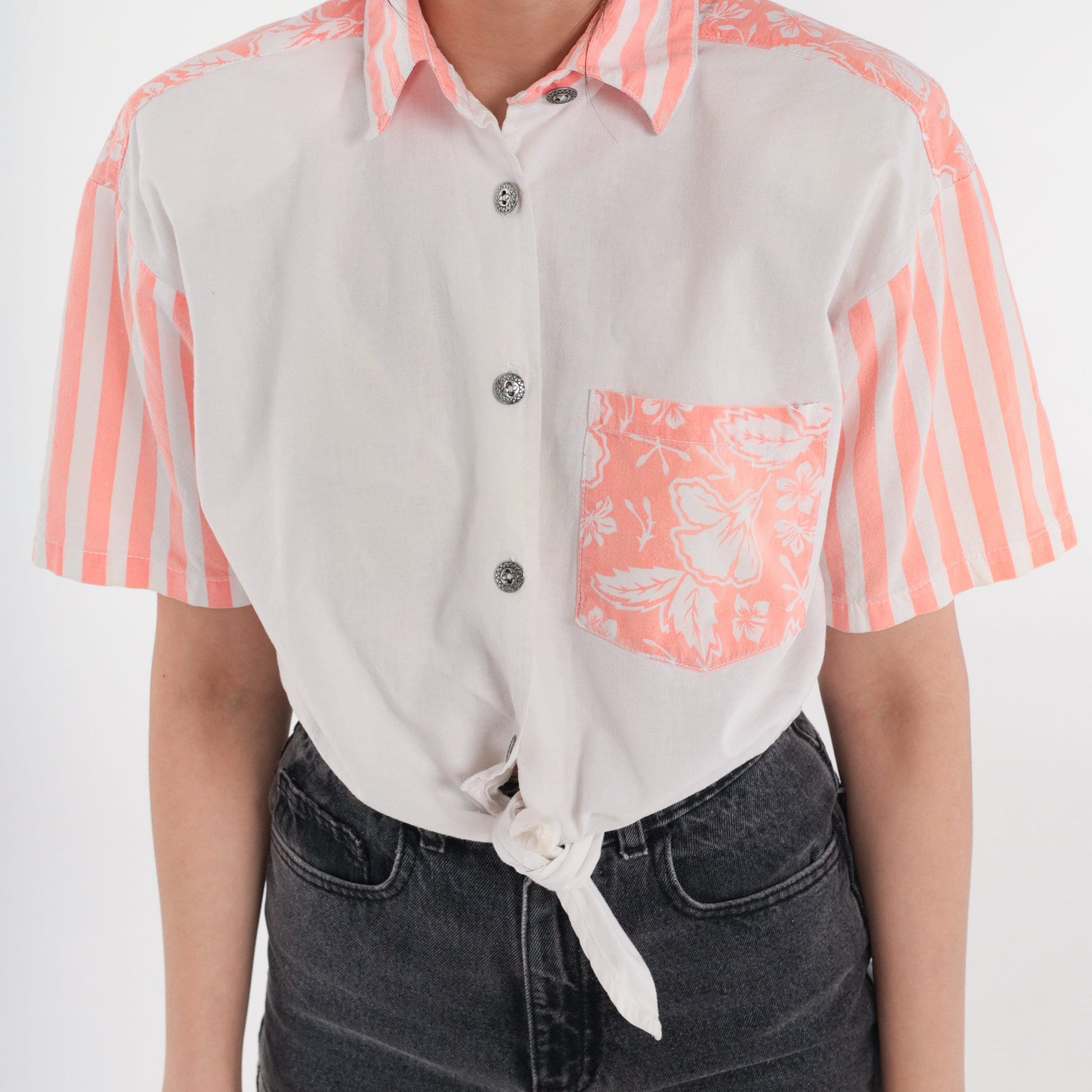90s Gitano Tropical Floral Crop Top White Peach Striped Button Up Small