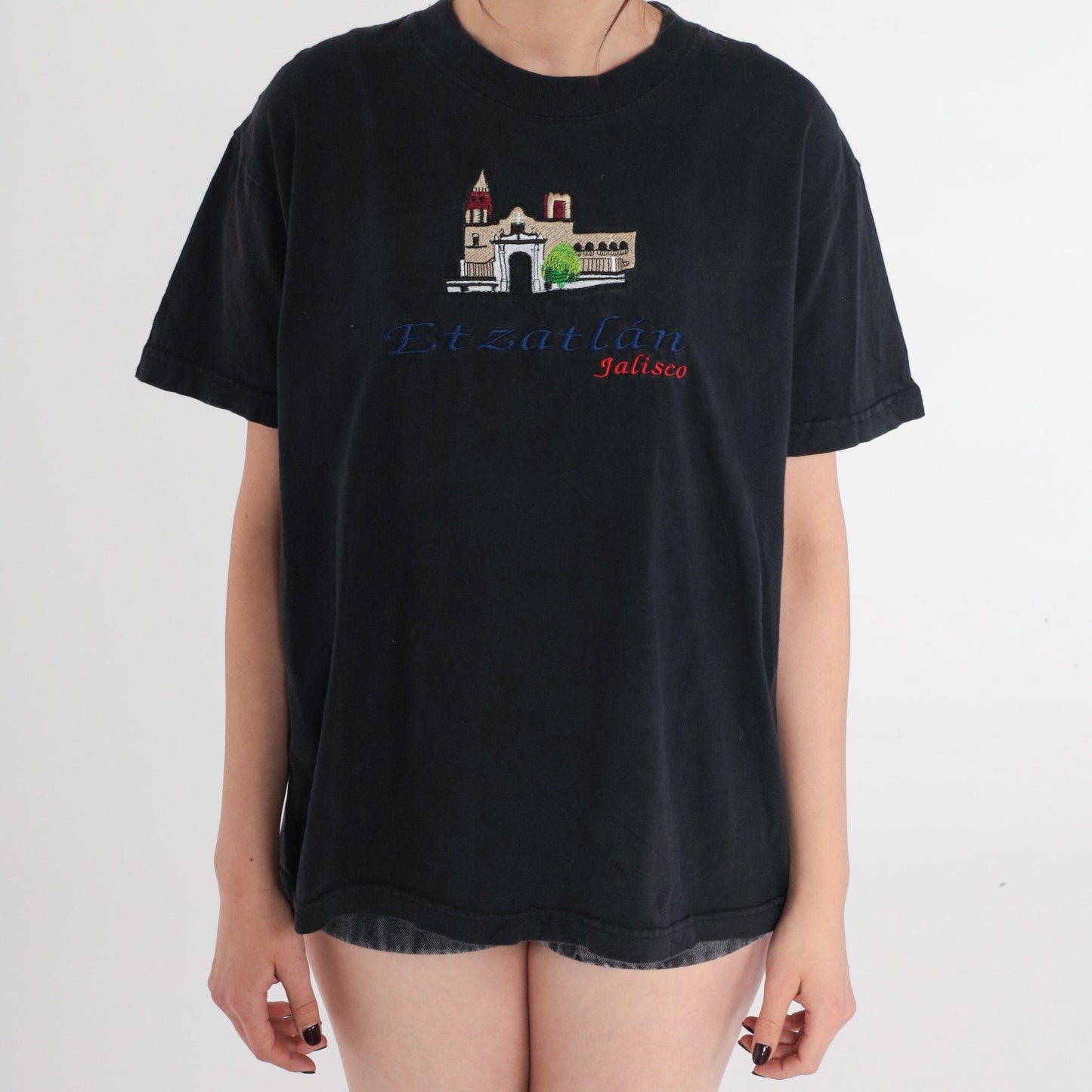 90s Etzatlan Jalisco Mexico Embroidered T-Shirt Black Parroquia Large