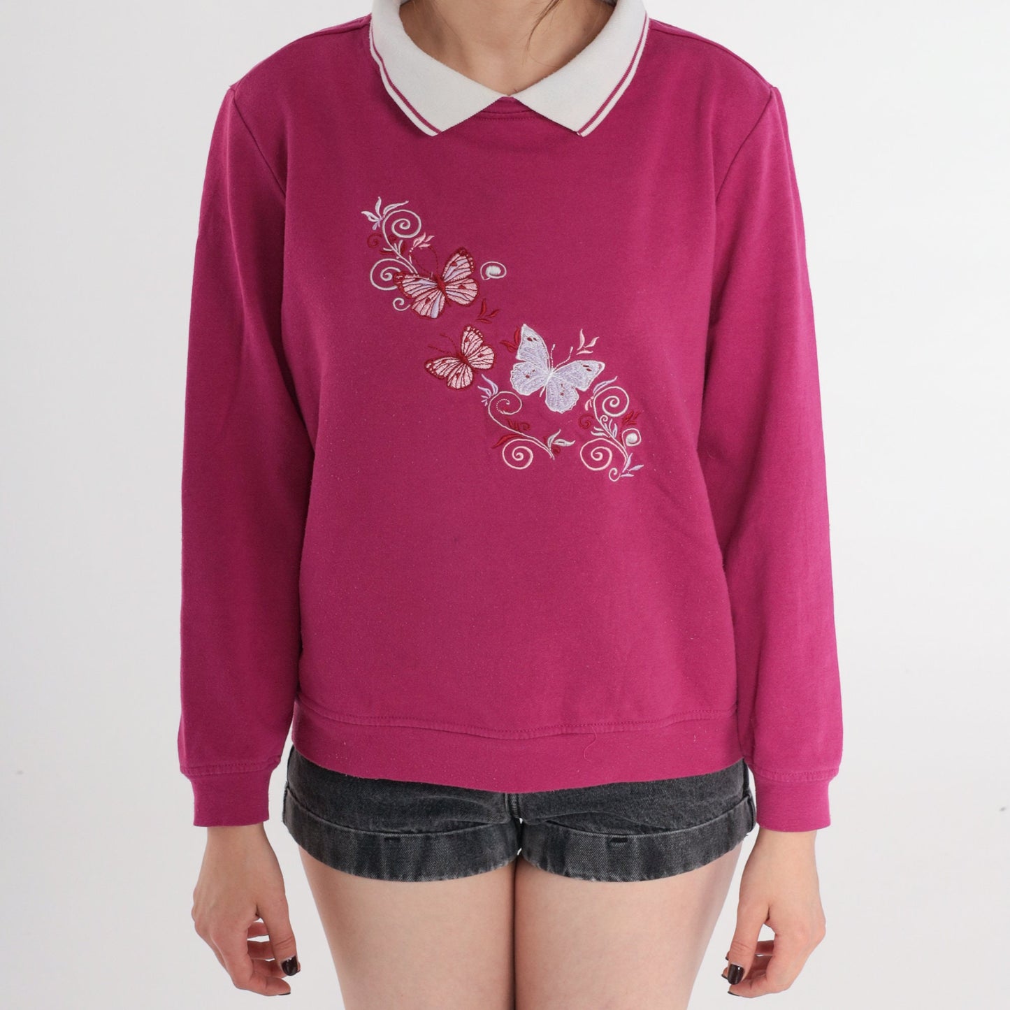 90s Butterfly Embroidered Sweatshirt Berry Pink Collared Medium M