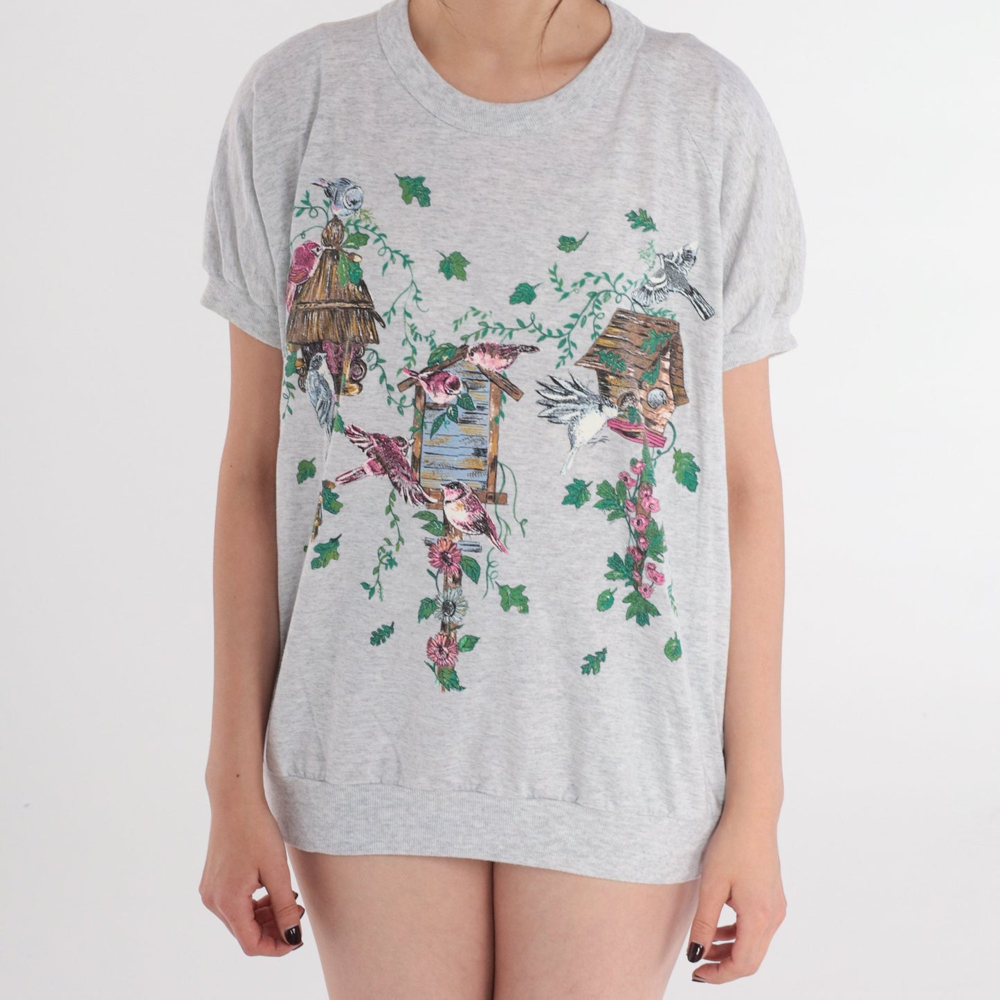 90s Birdhouse Graphic T-Shirt Heather Grey Banded Hem Large L