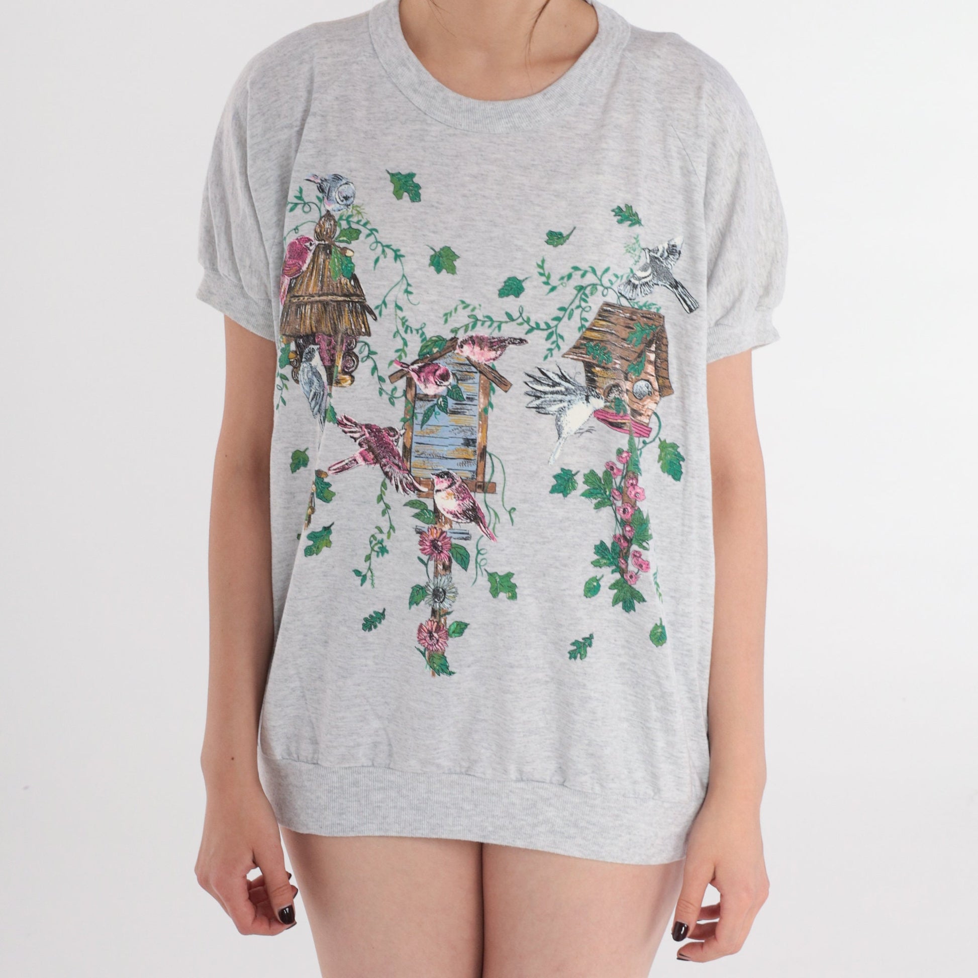 90s Birdhouse Graphic T-Shirt Heather Grey Banded Hem Large L