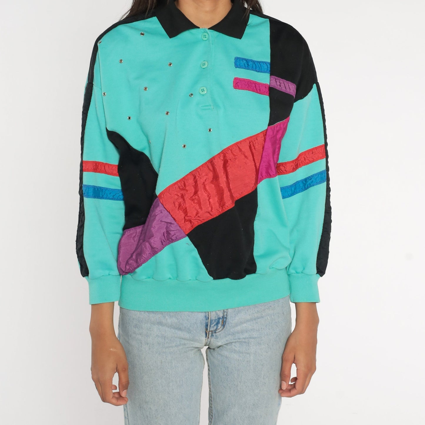 80s Adolfo Sport Color Block Sweatshirt Turquoise Striped Polo Rivets Medium