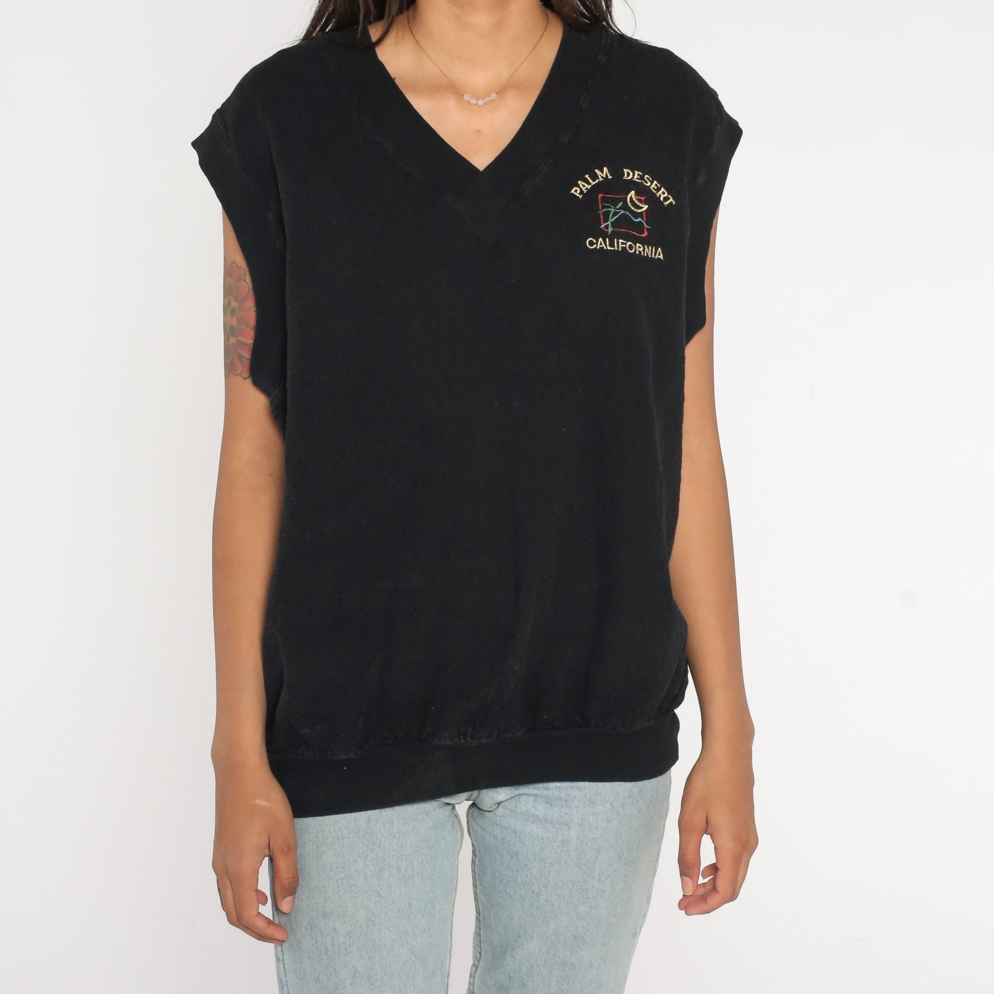 80s Palm Desert California Embroidered Sleeveless Vest Black Large