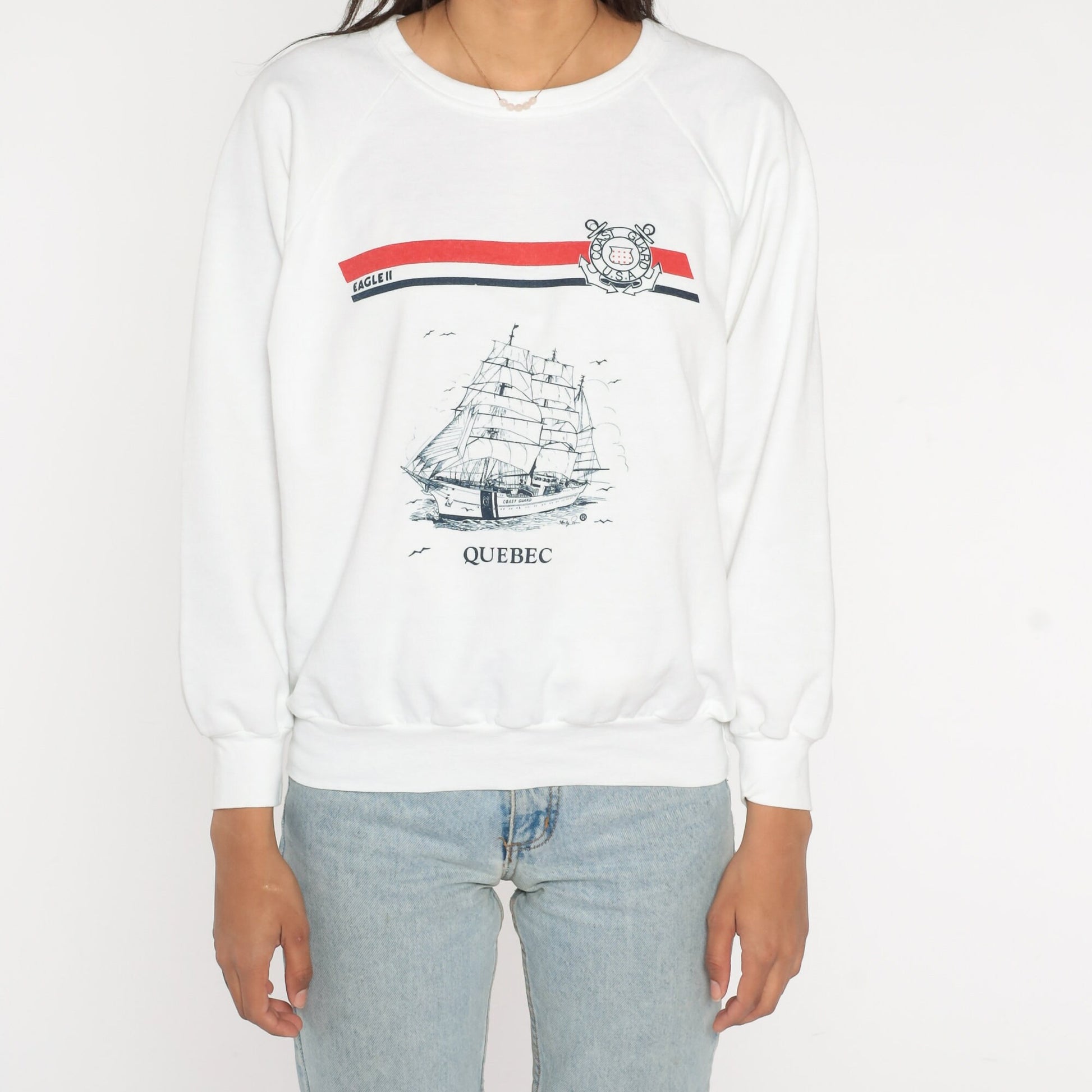 80s US Coast Guard Eagle II Sailboat Raglan Sweatshirt White Nautical Medium