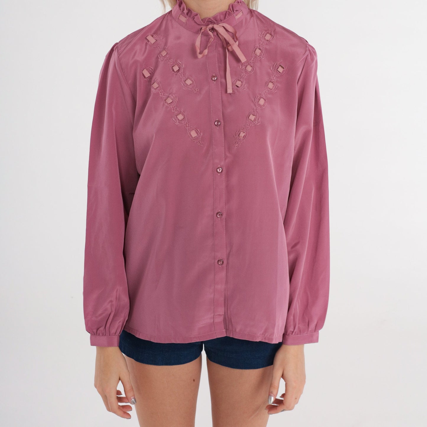 80s Dusty Rose Bow Neck Blouse Ruffled Long Sleeve Button Up Small
