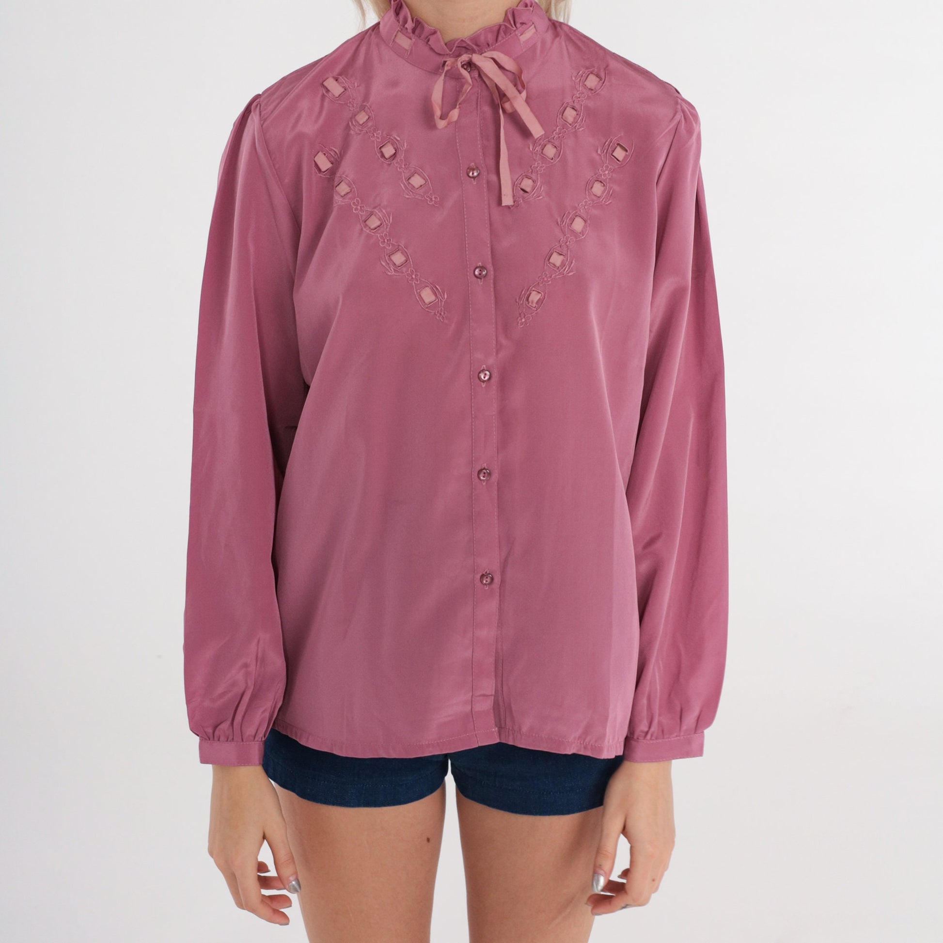 80s Dusty Rose Bow Neck Blouse Ruffled Long Sleeve Button Up Small