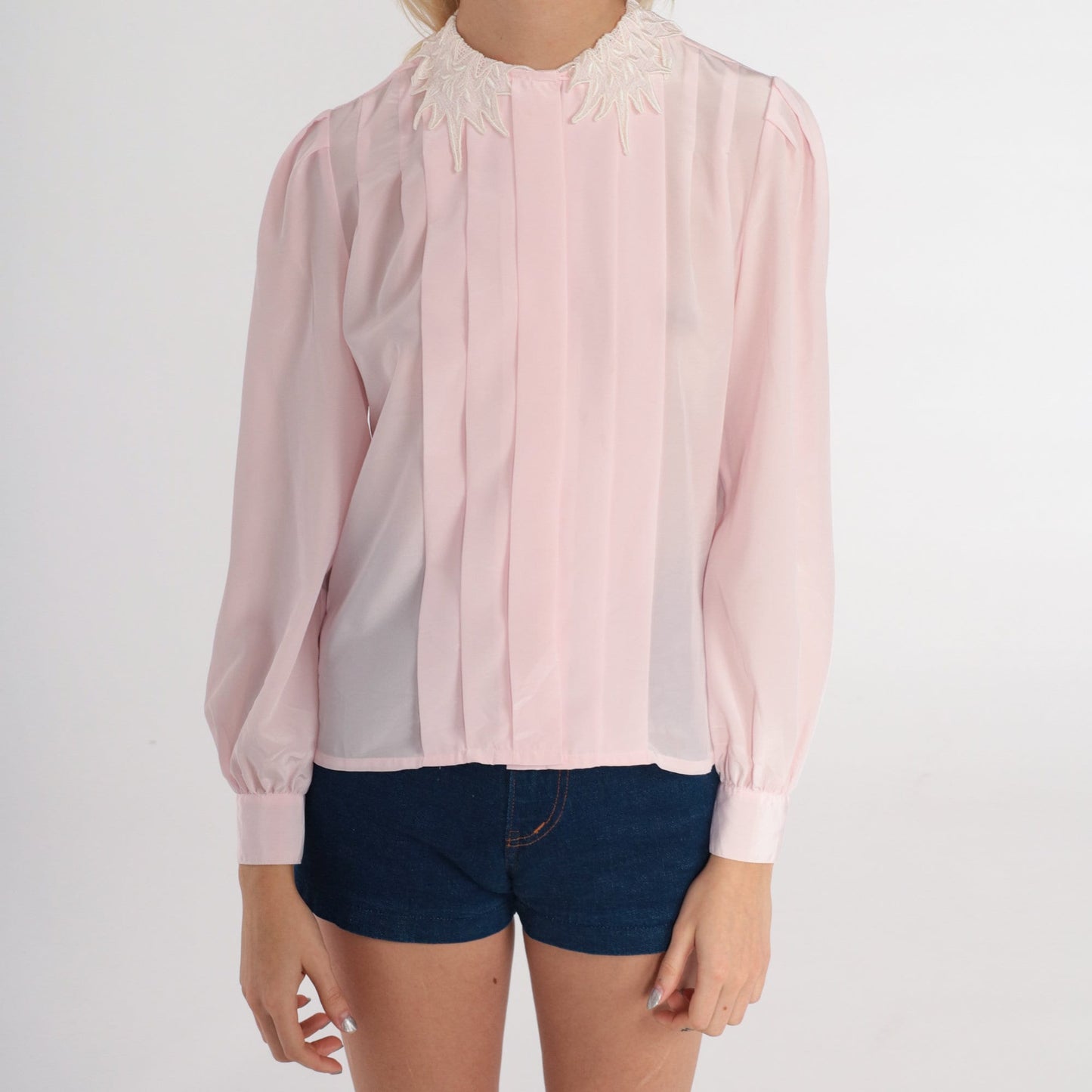 80s Pink Puff Sleeve Blouse Pleated Lace Collar Button-Up Small