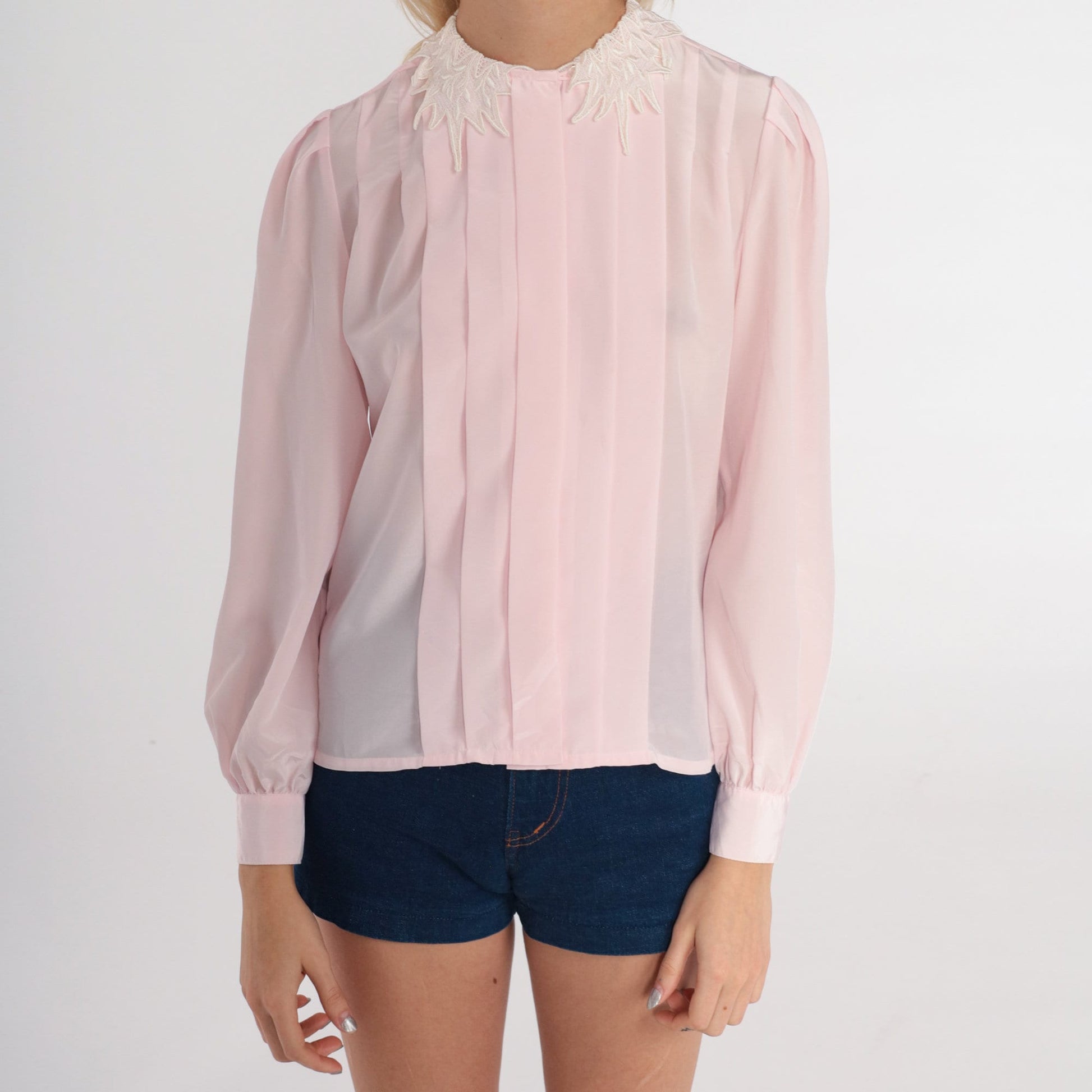 80s Pink Puff Sleeve Blouse Pleated Lace Collar Button-Up Small