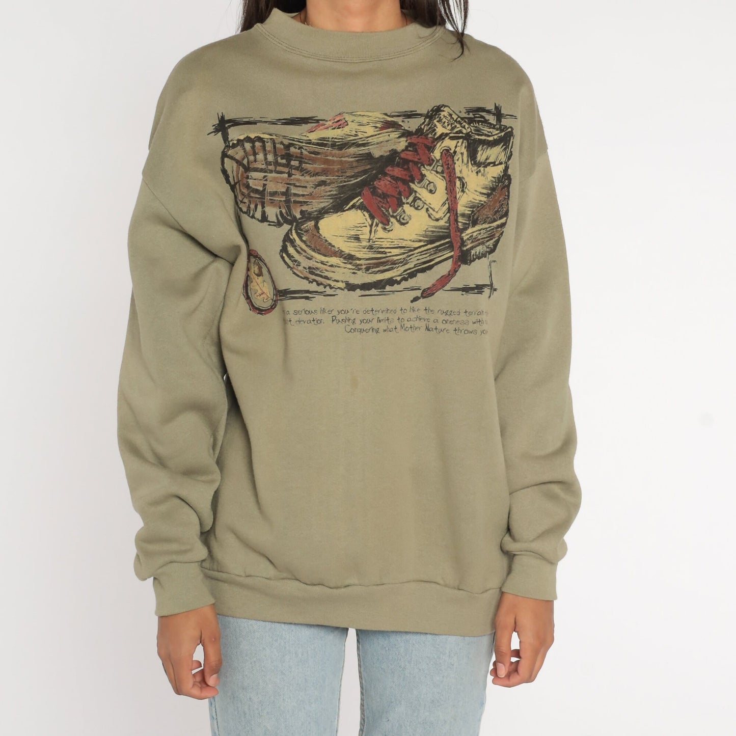 90s Hiking Boot Graphic Sweatshirt Taupe Drop Shoulder Crewneck Large L