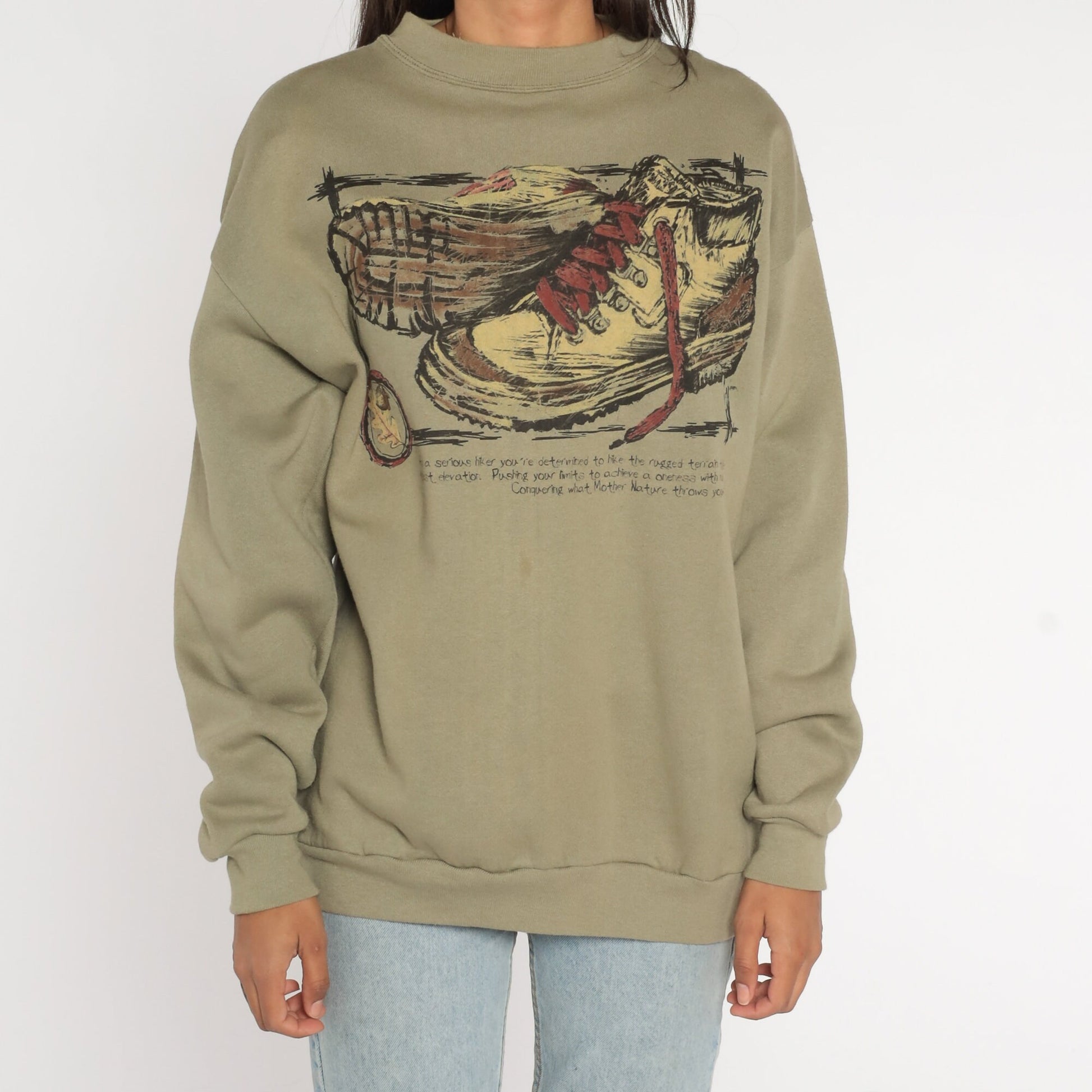 90s Hiking Boot Graphic Sweatshirt Taupe Drop Shoulder Crewneck Large L
