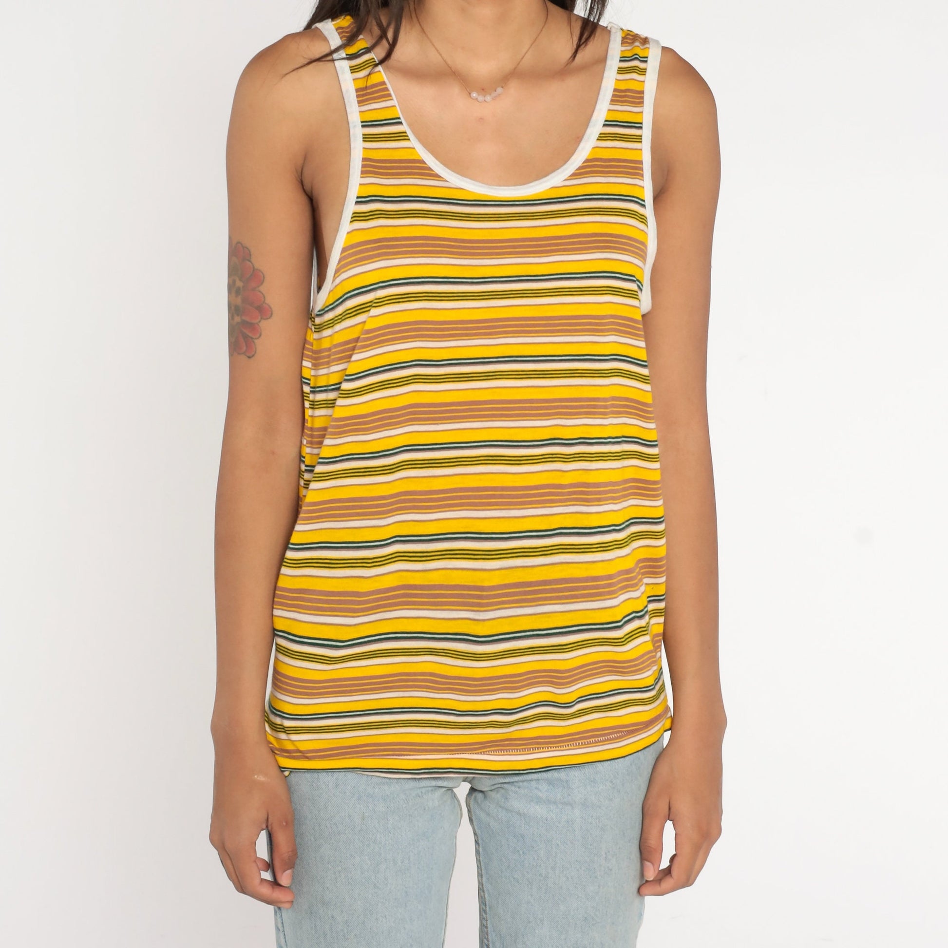 80s Striped Ringer Tank Top Yellow Brown Green White Single Stitch Small