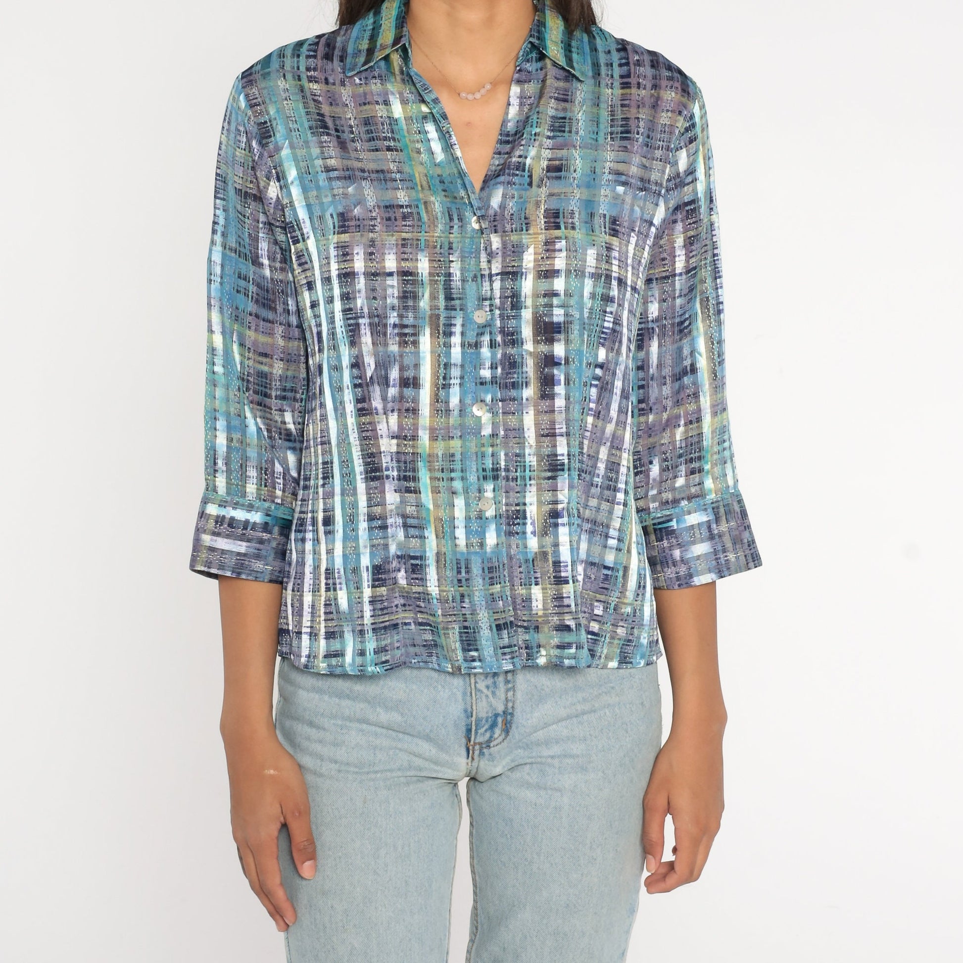00s Metallic Striped Button-Up Blouse Purple Blue 3/4 Sleeve Medium
