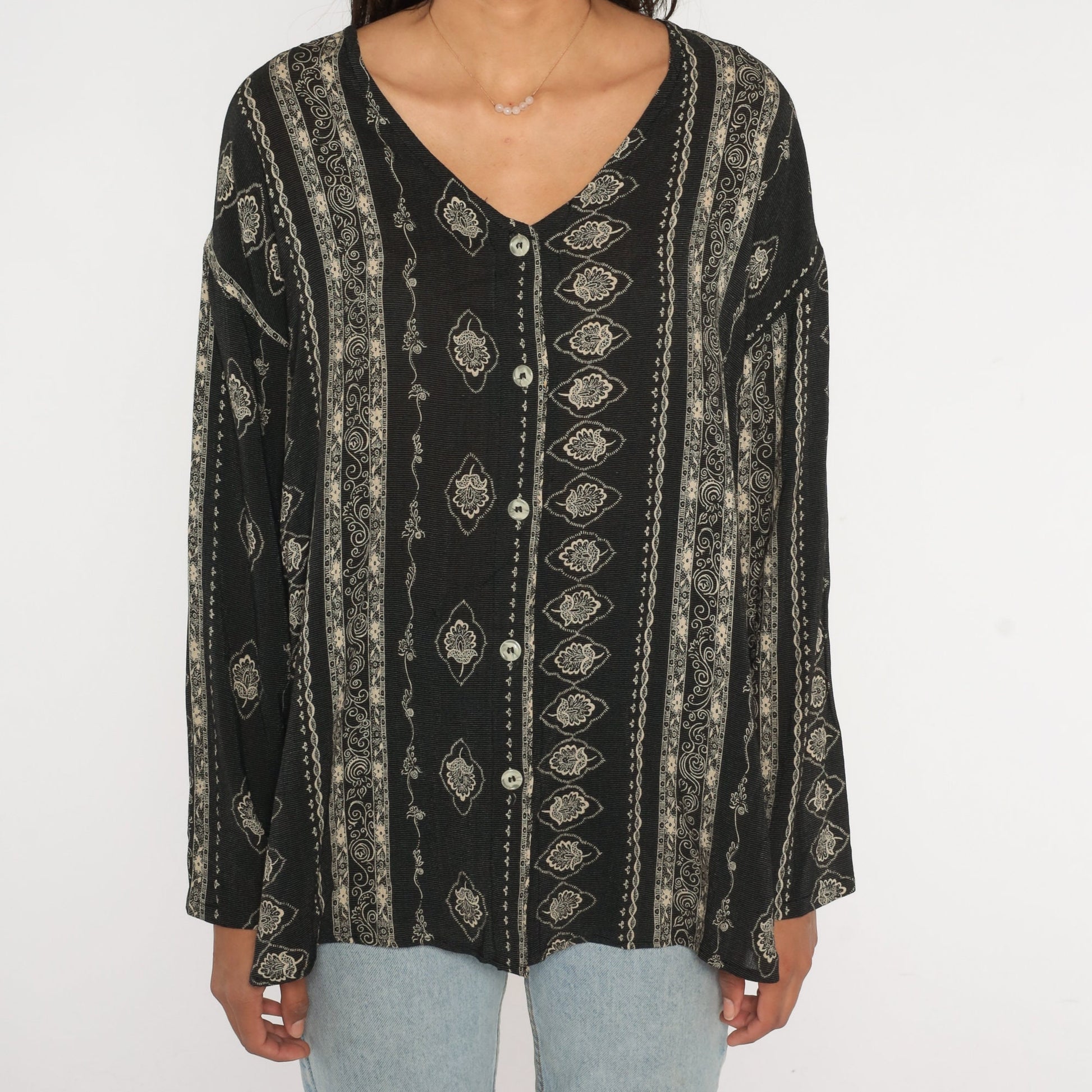 90s Black Striped Floral Rayon Button-Up Blouse Long Sleeve Small