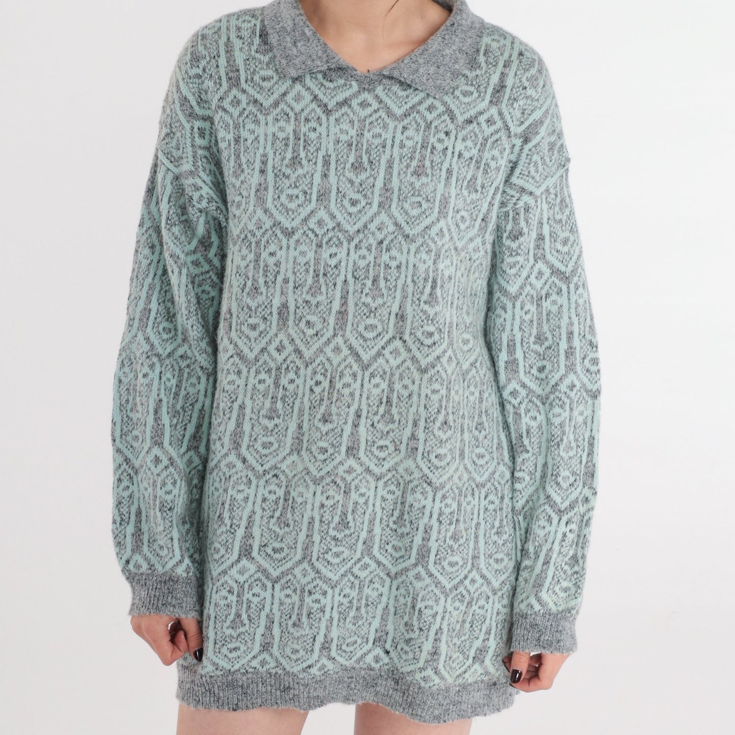 90s Face Print Collared Knit Sweater Grey Blue Pullover Medium M