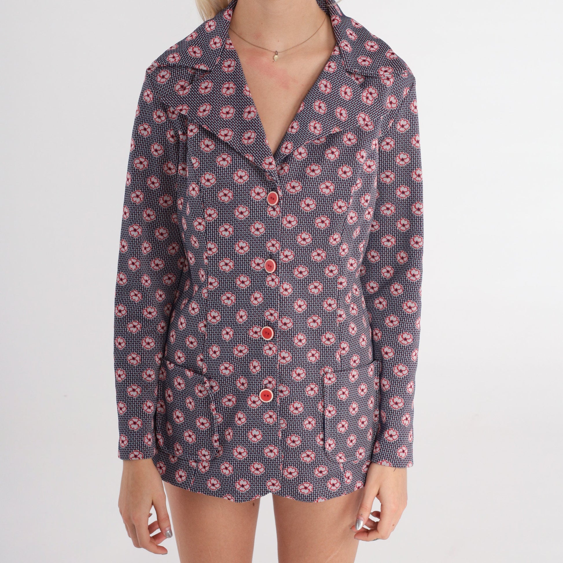 70s Floral Blazer Jacket Red White Blue Oversized Collar Small