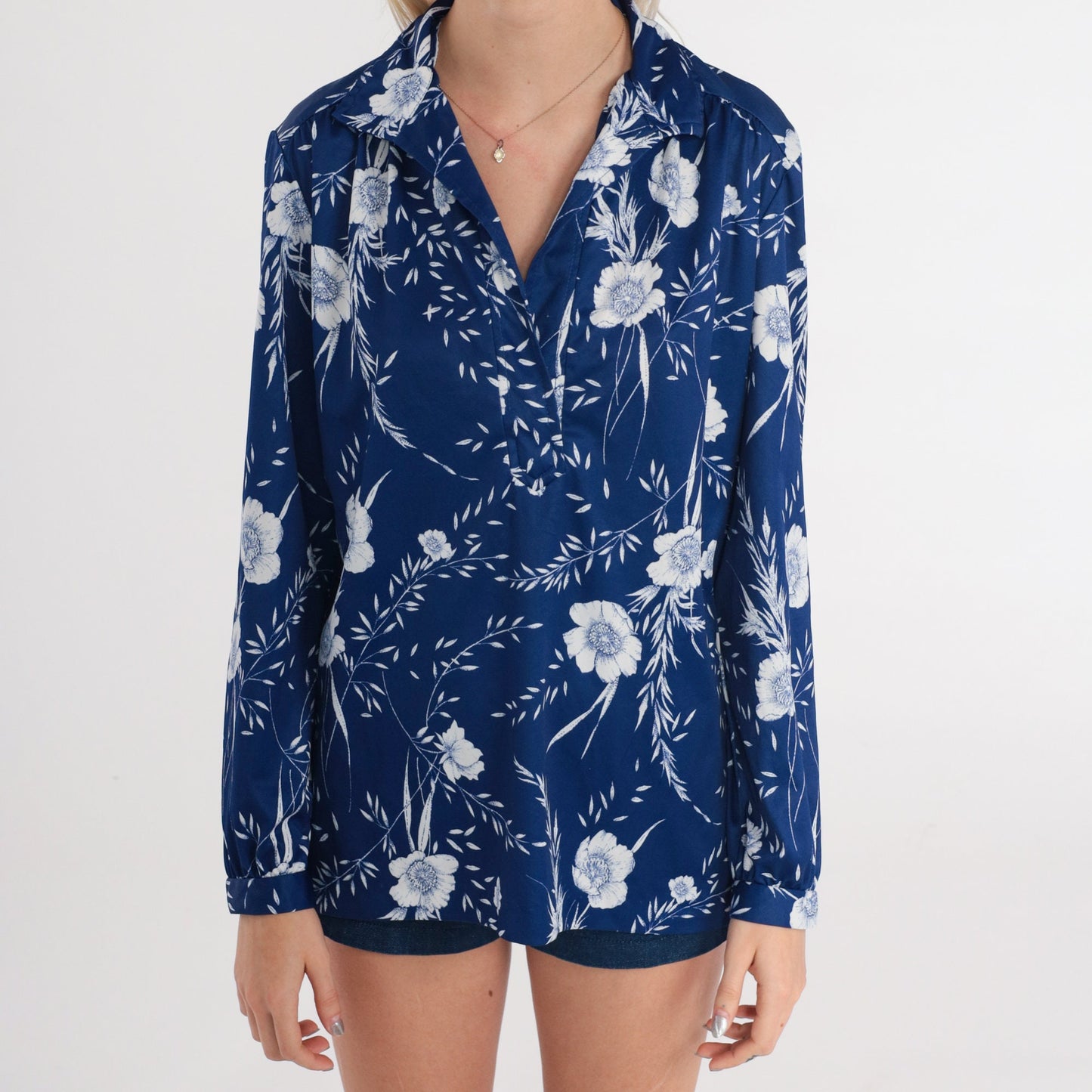 70s Floral Blouse Blue V-Neck Long Sleeve Polo Shirt Medium
