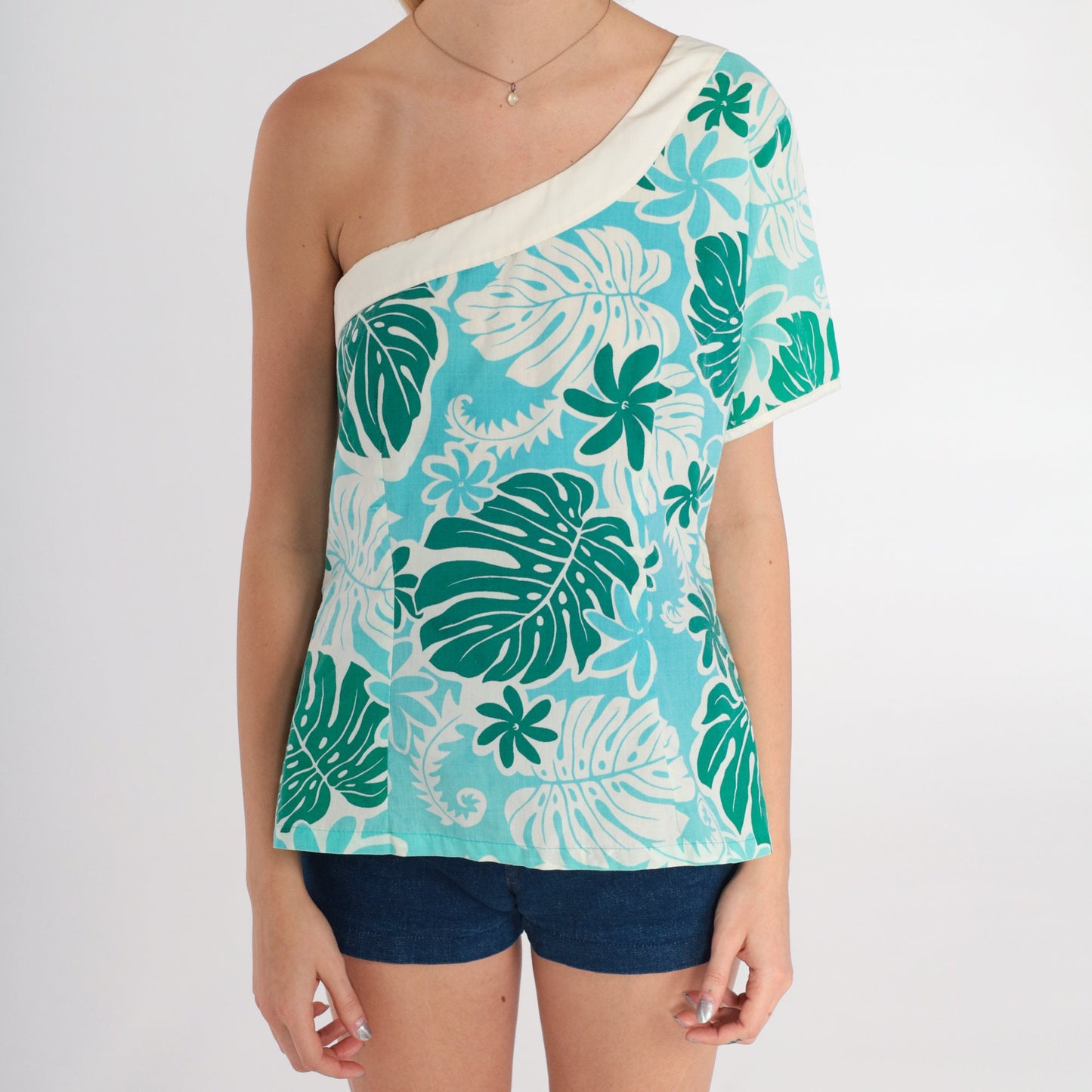 70s Hawaiian Floral One-Shoulder Blouse Blue Green Cotton Small
