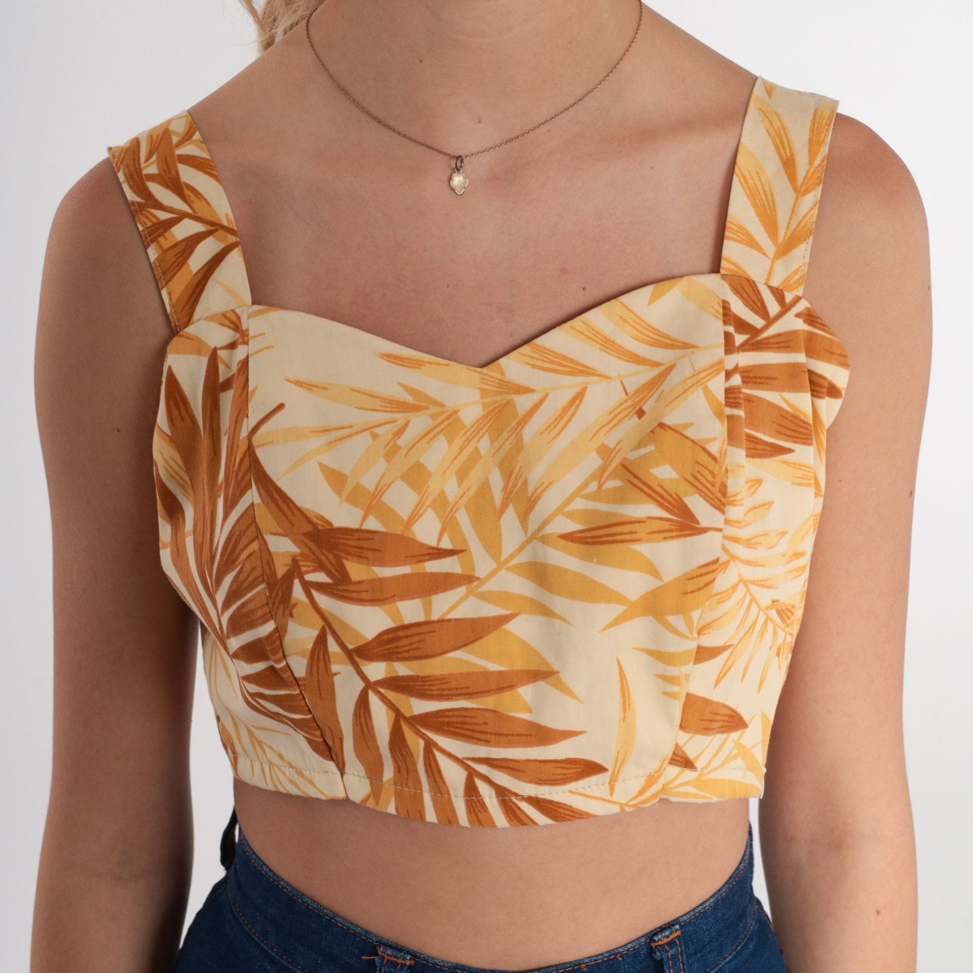 90s Tropical Botanical Crop Top Yellow Sweetheart Neckline Small