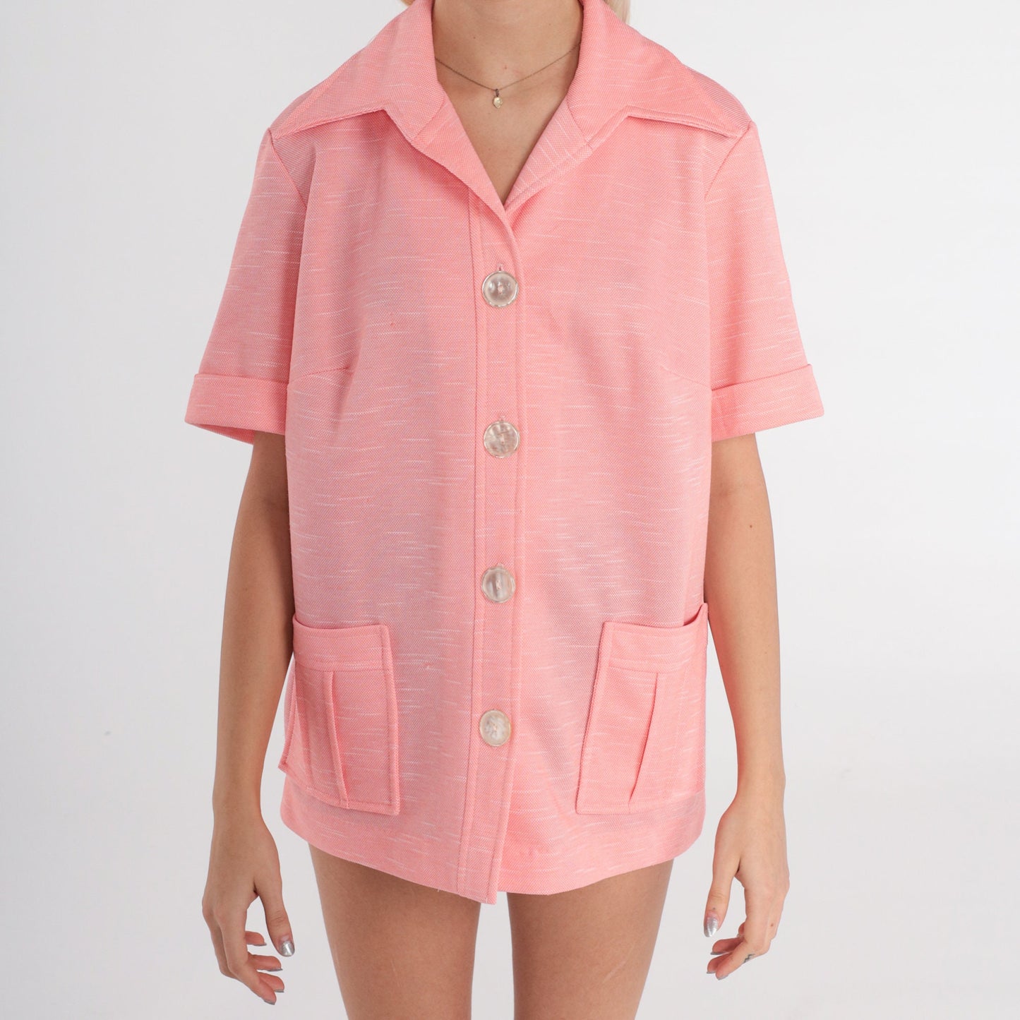 70s Pink Button-Up Shirt Dagger Collar Short Sleeve Large
