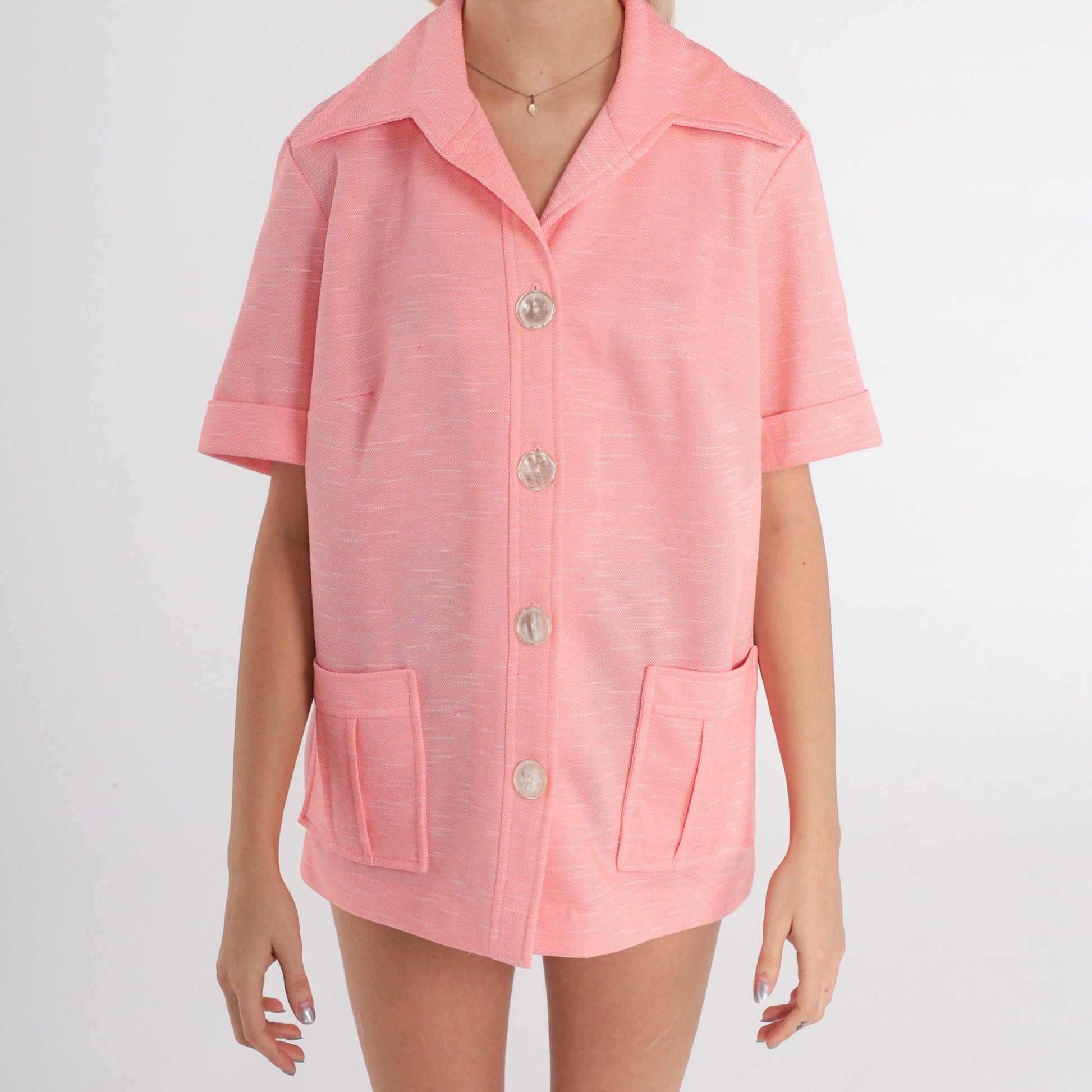 70s Pink Button-Up Shirt Dagger Collar Short Sleeve Large