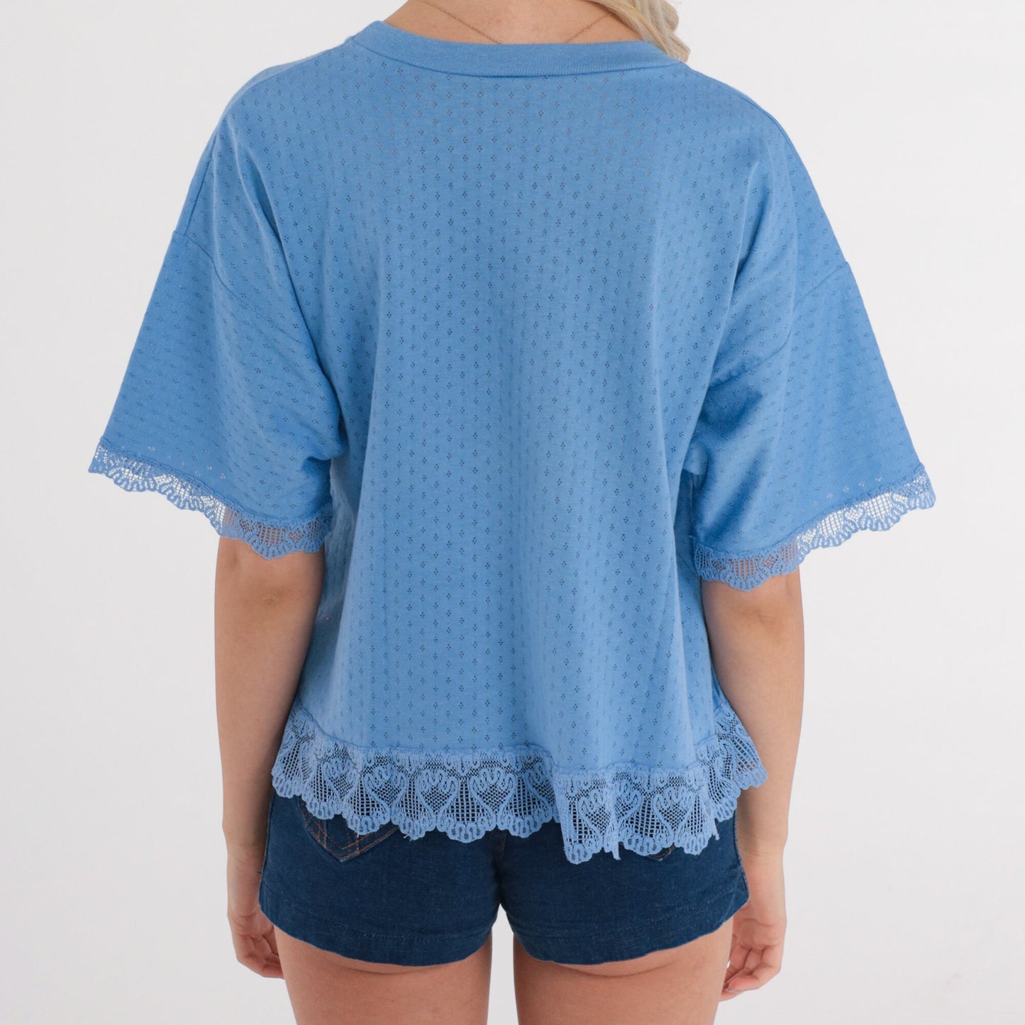 80s Blue Cutout Lace Trim T-Shirt Short Sleeve Cutwork Top Medium Large