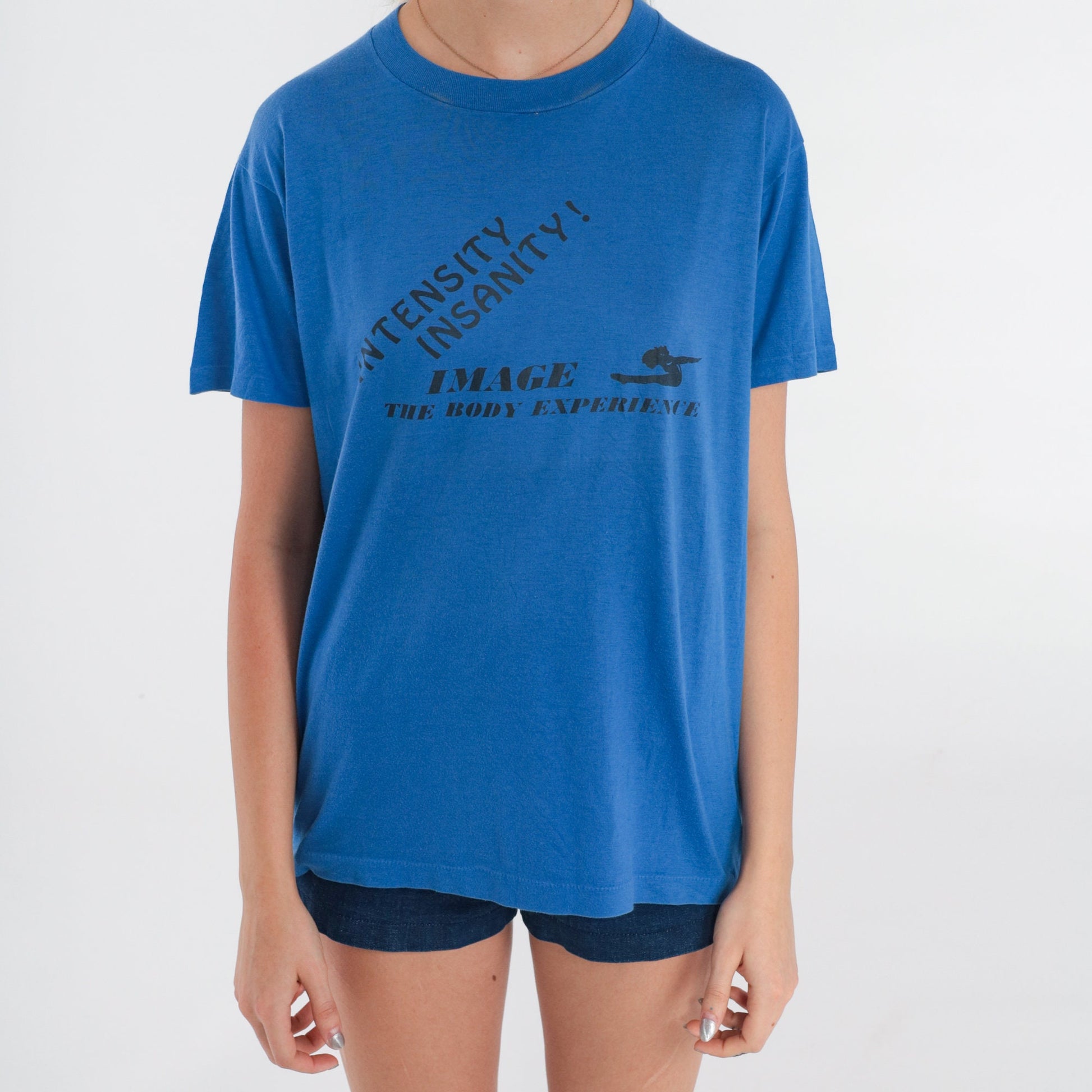 80s Intensity Insanity Graphic T-Shirt Blue Athletic Aerobics Tee Medium