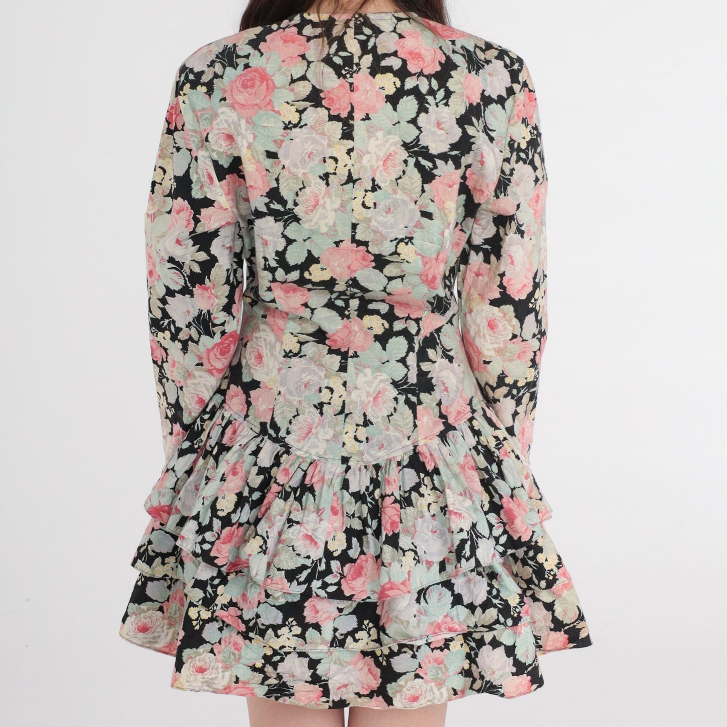 80s Byer Too Floral Mini Dress Drop Waist Tiered Ruffle Cotton Small