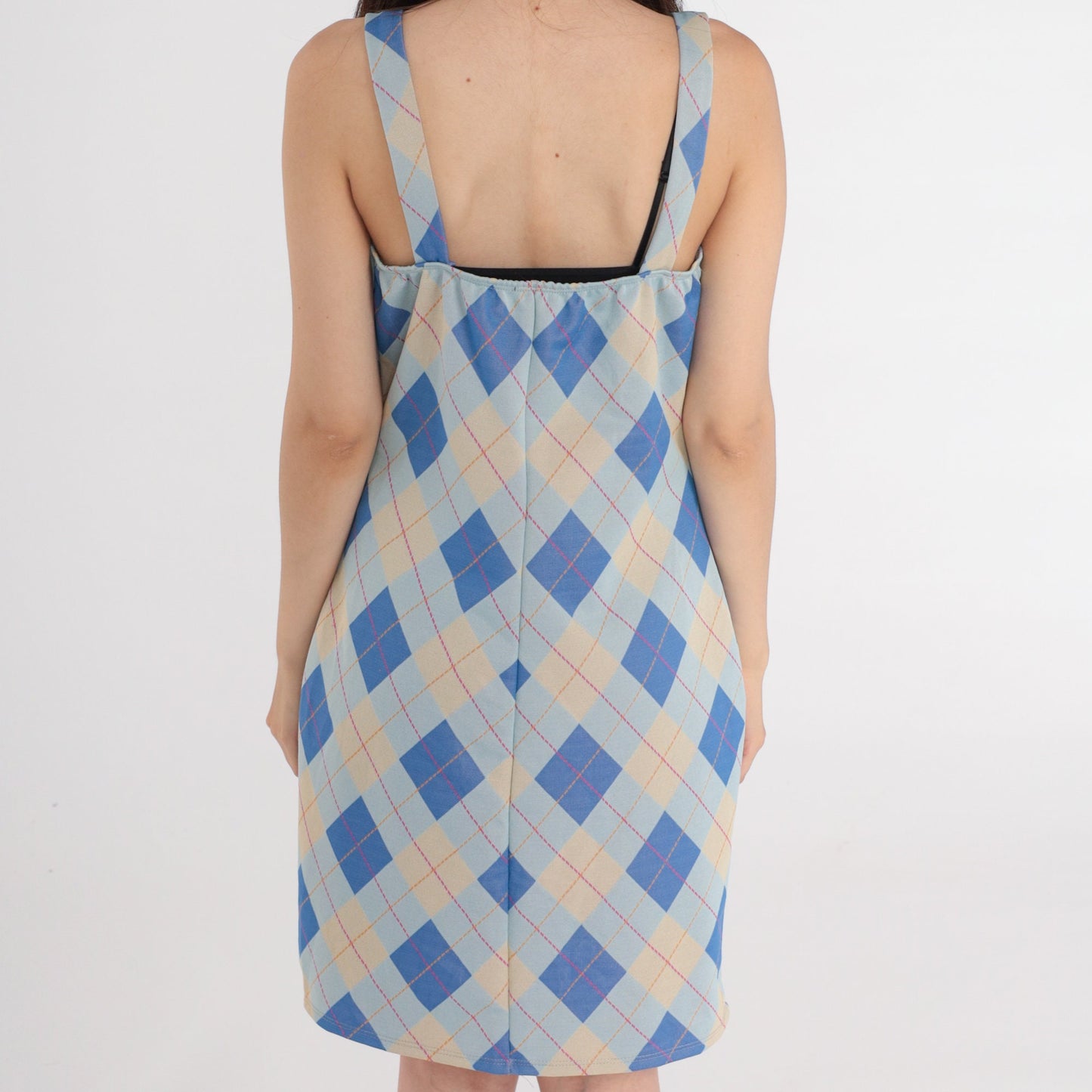 Y2K Blue Plaid Mini Shift Dress Spaghetti Strap Checkered Small Medium