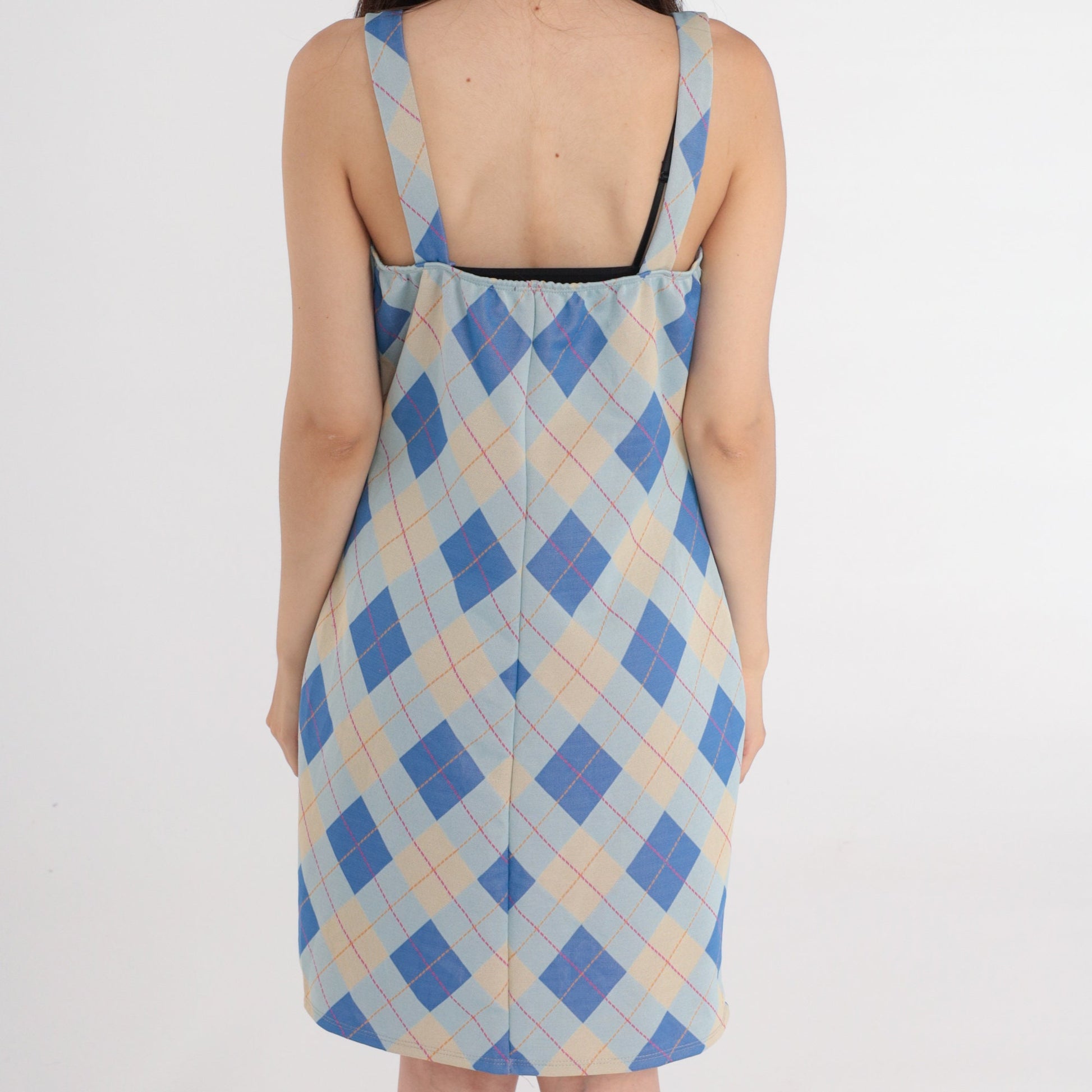 Y2K Blue Plaid Mini Shift Dress Spaghetti Strap Checkered Small Medium