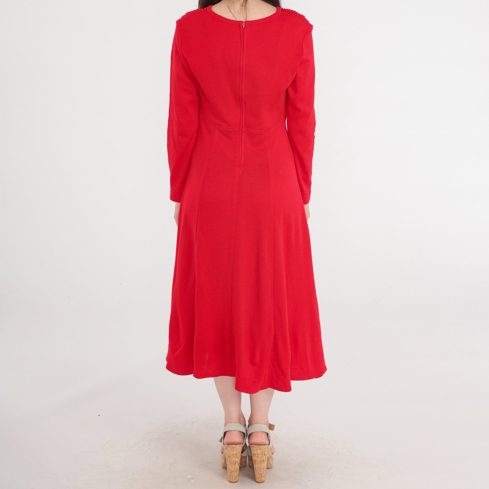 80s Red Midi Dress High Waist Pleated Long Sleeve Medium