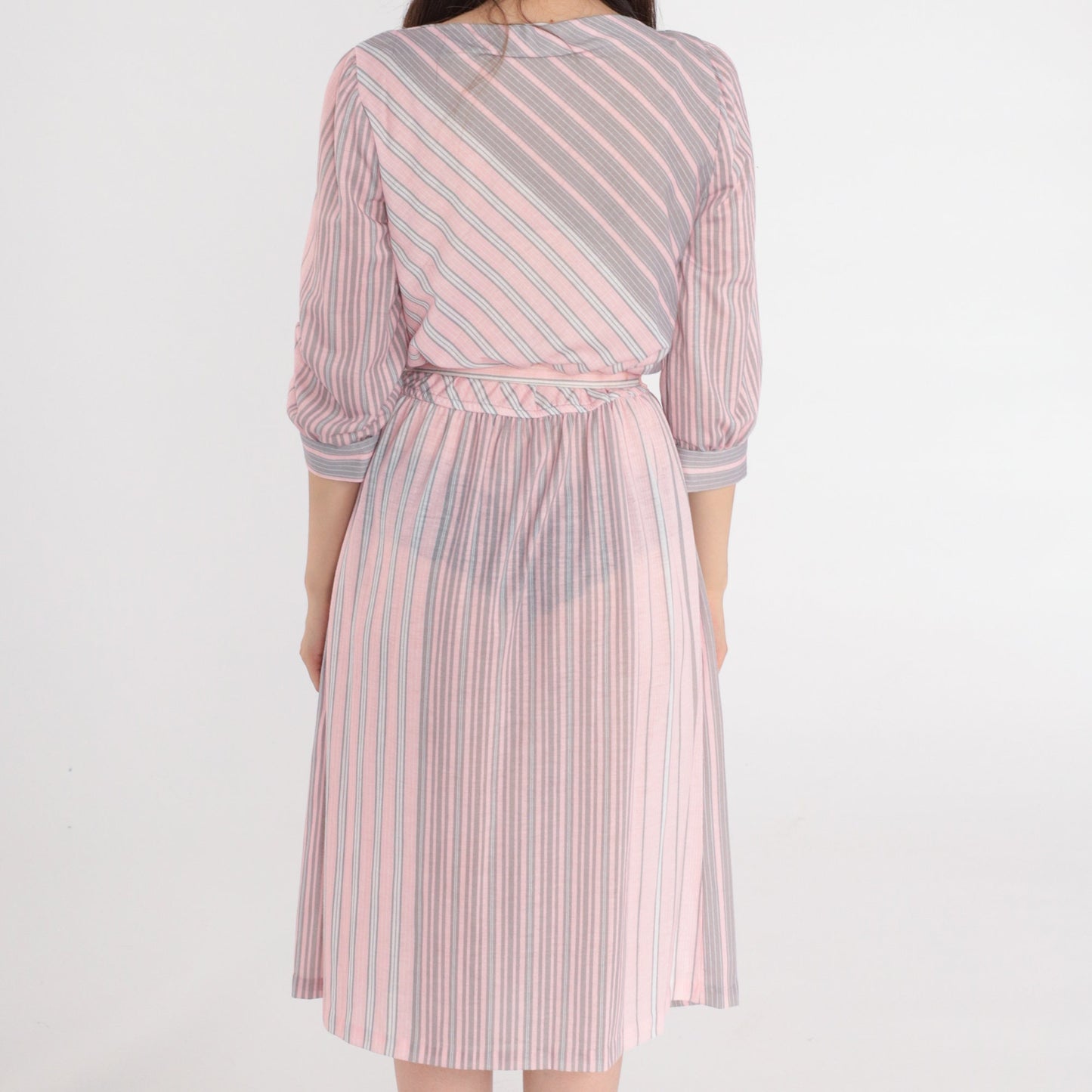 80s Pink Grey Striped Midi Dress Puff Sleeve Boatneck Belted Medium 8